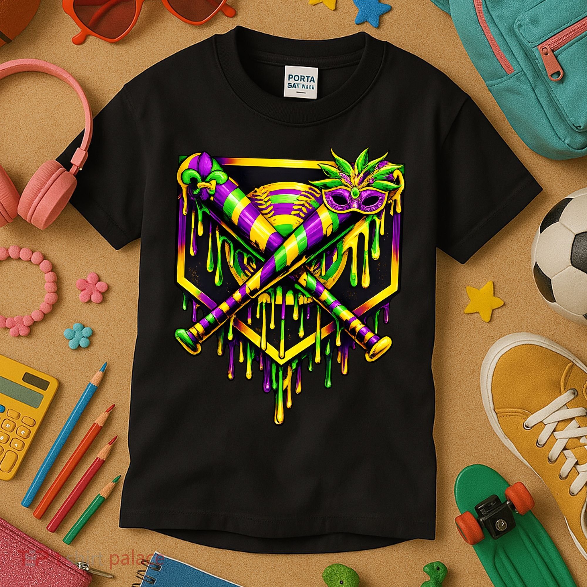 Mardi Gras Ice Cream Drip Baseball Kids T-Shirt