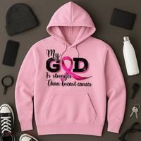 My God Is Stronger Than Funny Ribbon Pink Breast Cancer Hoodie thumb 3