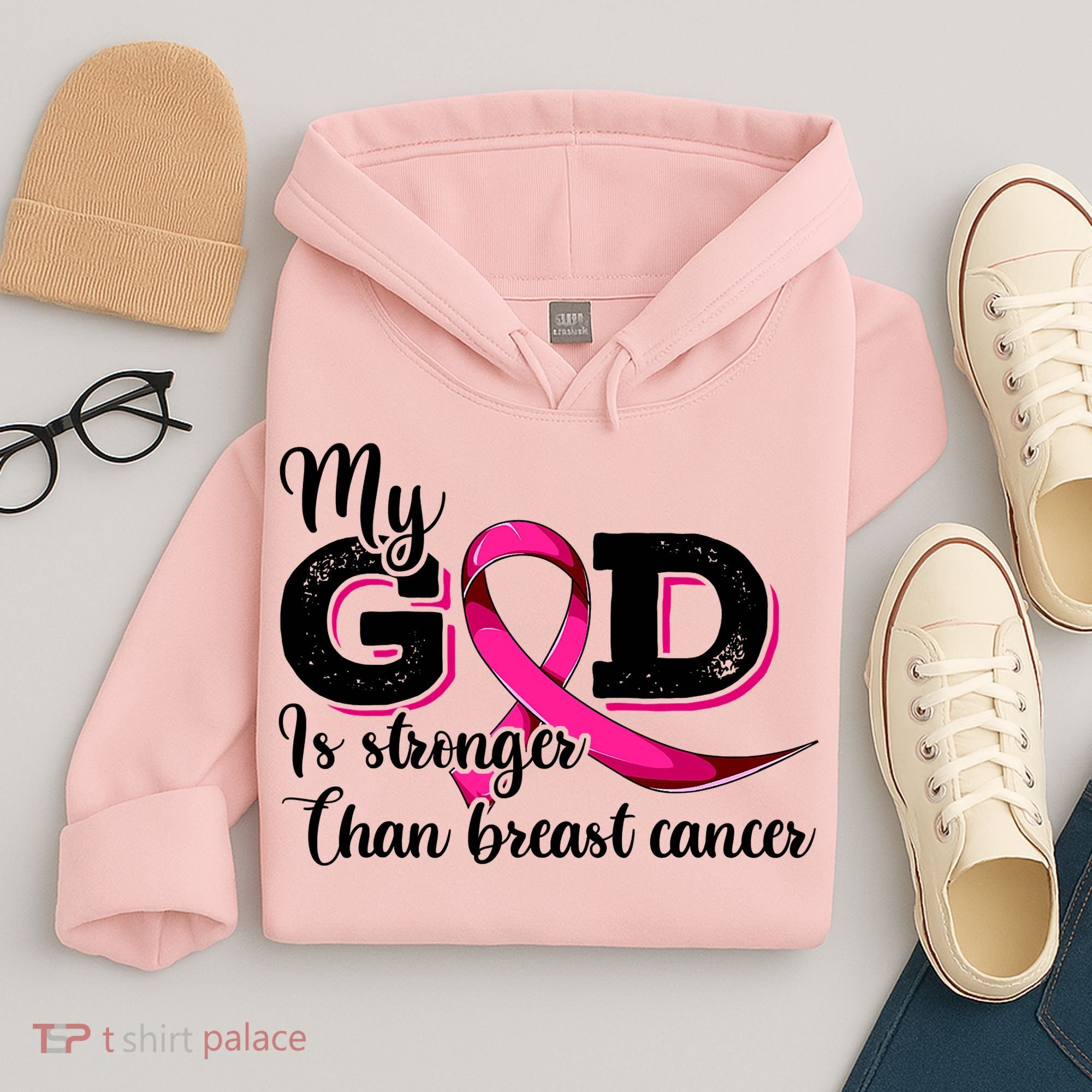 My God Is Stronger Than Funny Ribbon Pink Breast Cancer Hoodie