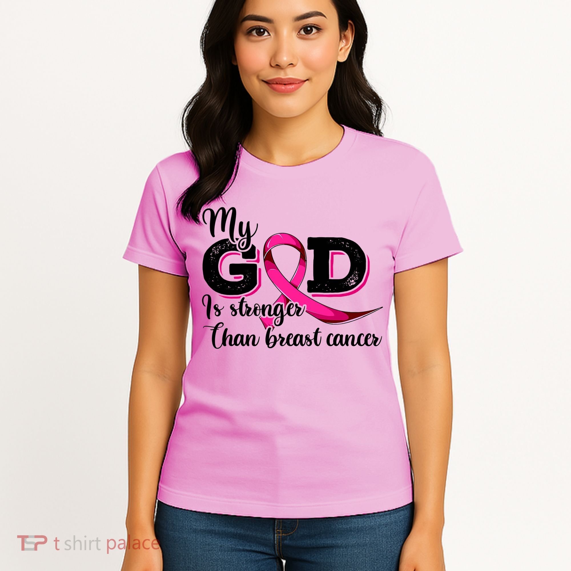 My God Is Stronger Than Funny Ribbon Pink Breast Cancer Women's T-Shirt