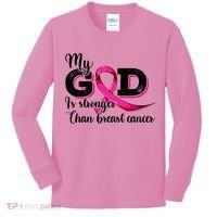 My God Is Stronger Than Funny Ribbon Pink Breast Cancer Kids Long Sleeve Shirt thumb 0
