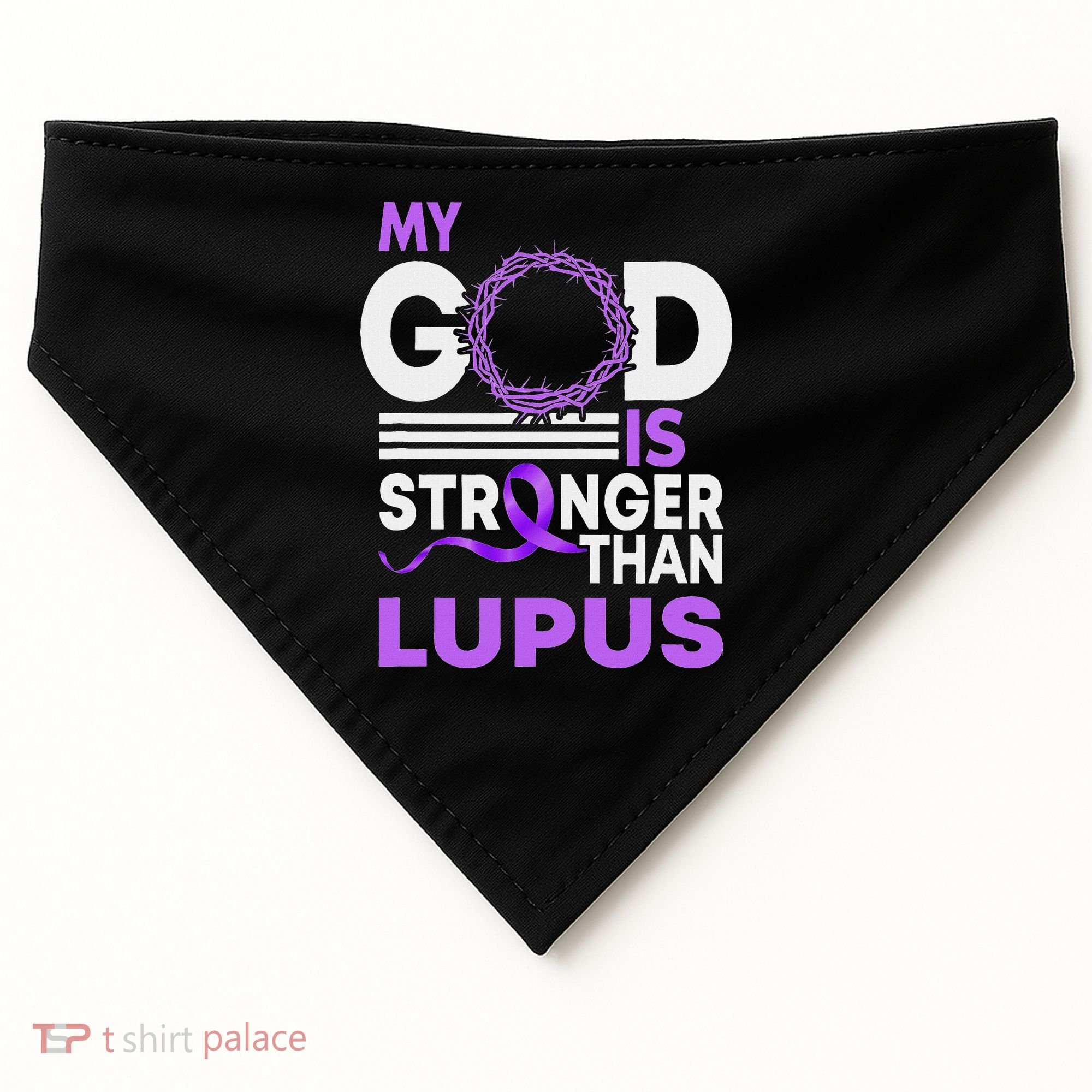 My God Is Stronger Than Lupus Awareness Ribbon USA-Made Doggie Bandana