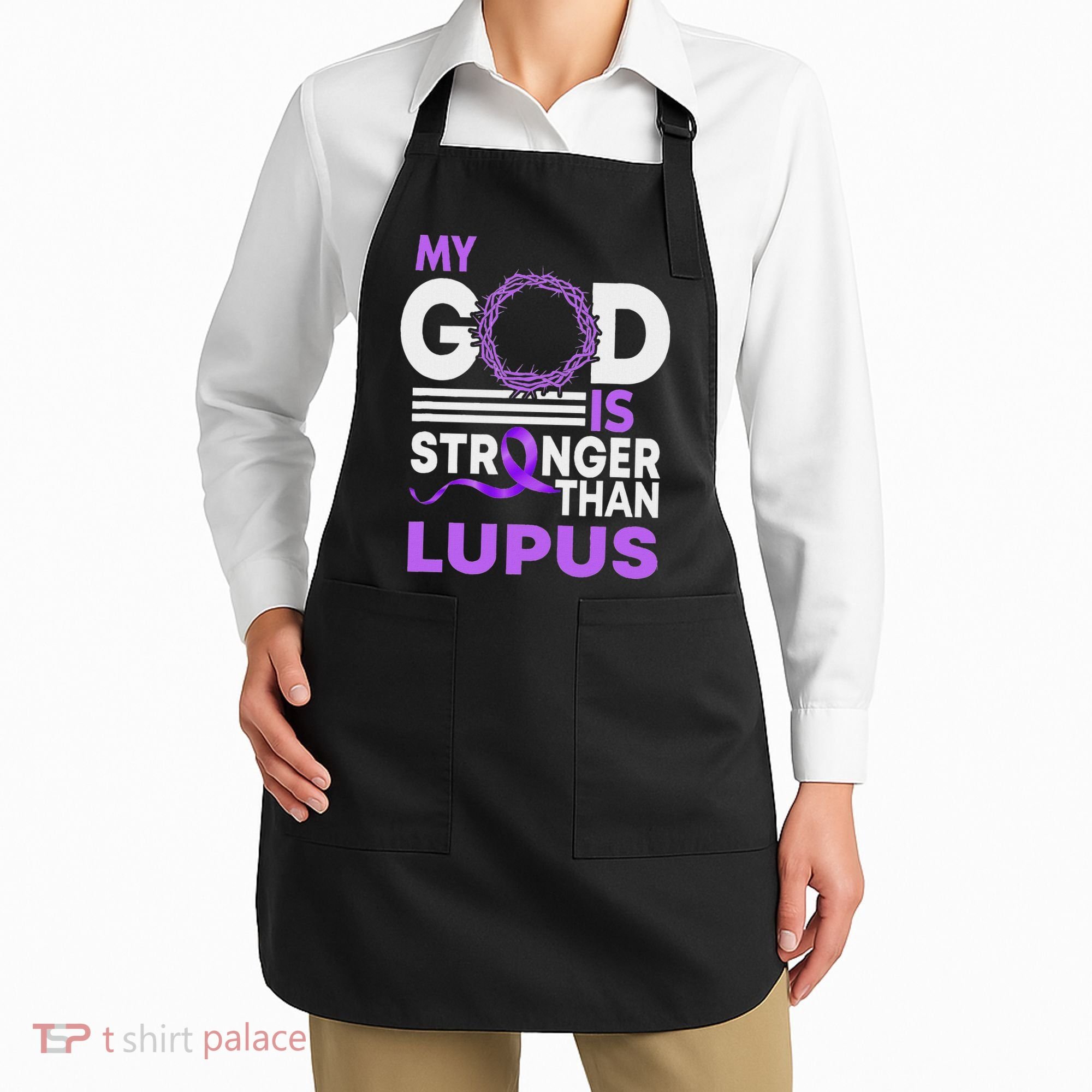 My God Is Stronger Than Lupus Awareness Ribbon Apron