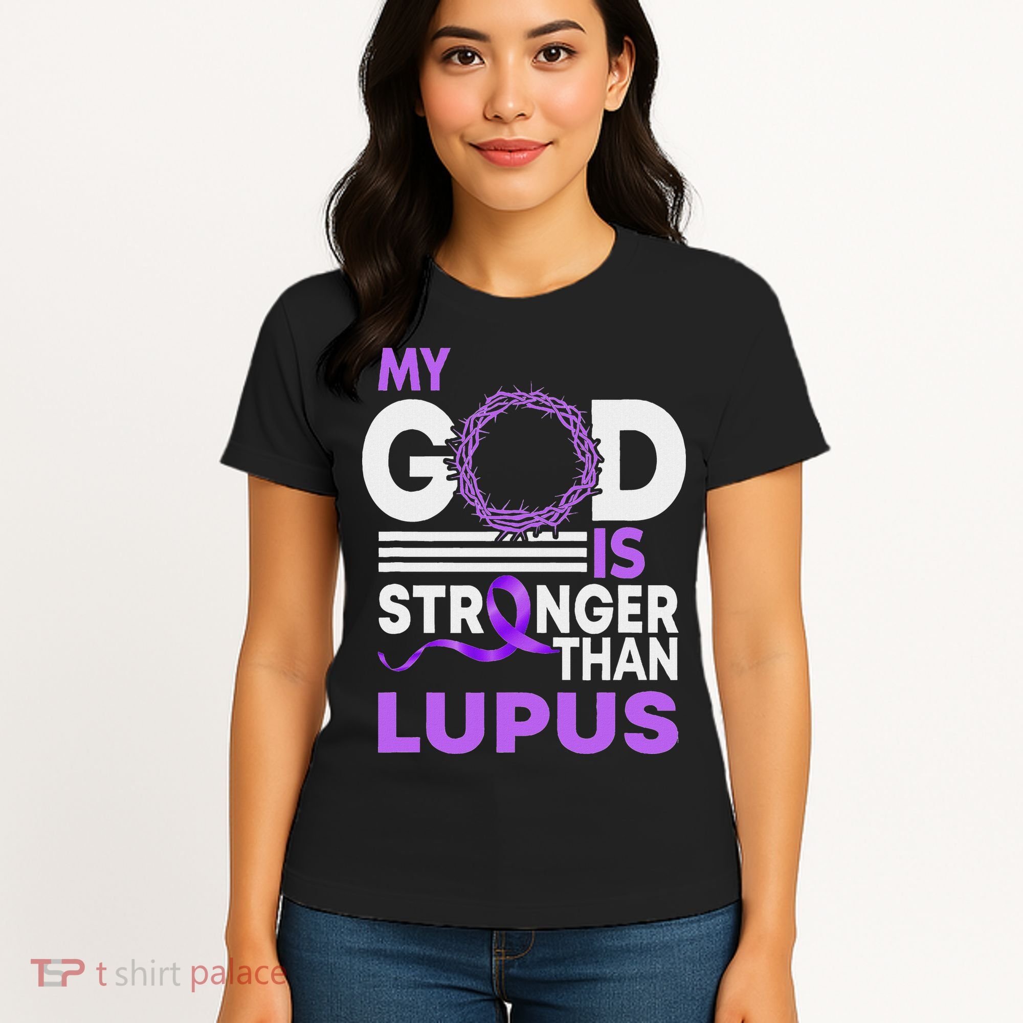 My God Is Stronger Than Lupus Awareness Ribbon Women's T-Shirt