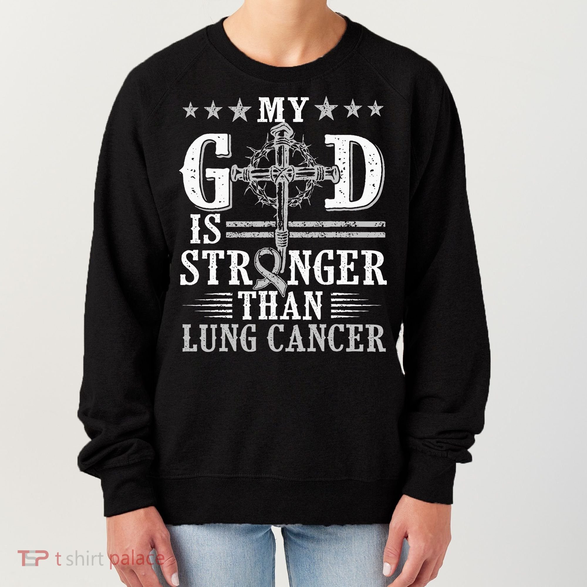 My God Is Stronger Than Lung Cancer Cross & Ribbon Women's Sweatshirt