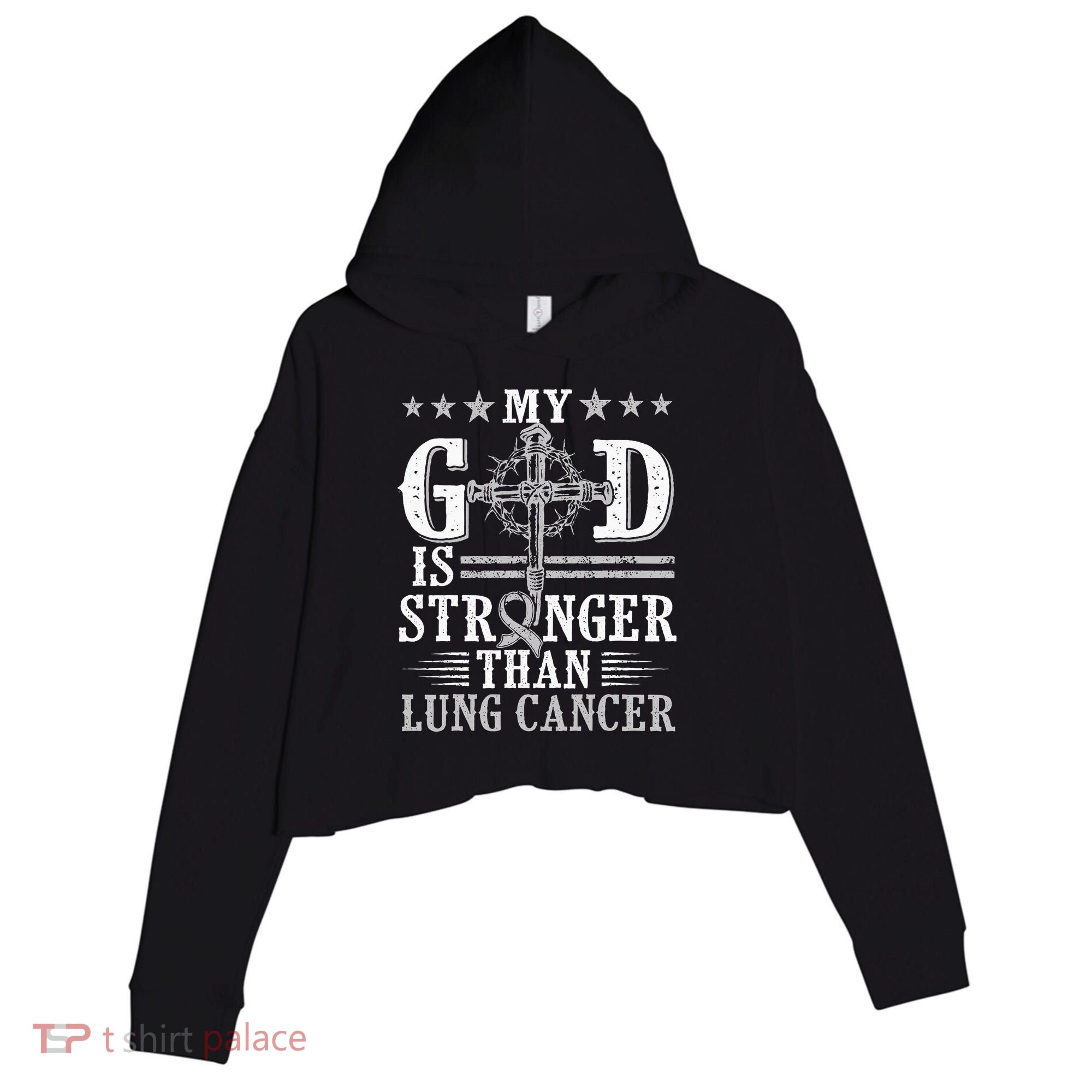 My God Is Stronger Than Lung Cancer Cross & Ribbon Crop Fleece Hoodie