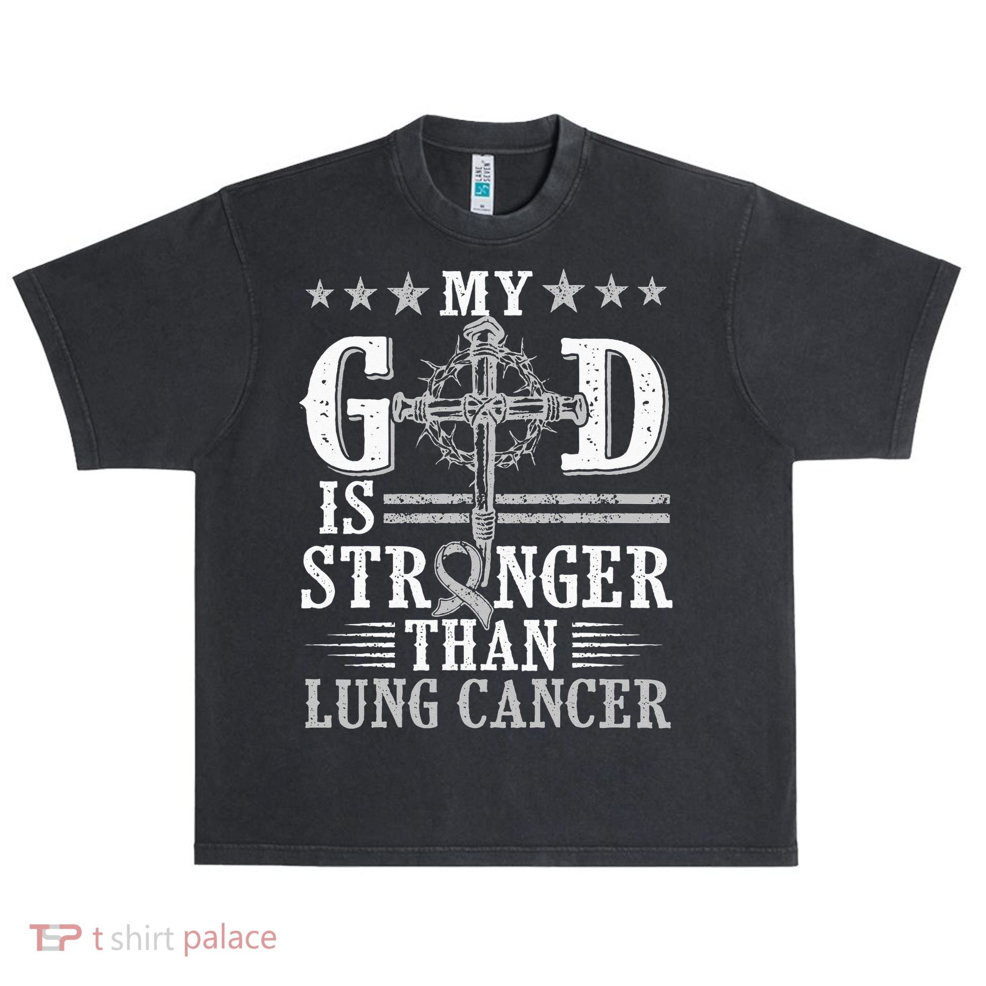My God Is Stronger Than Lung Cancer Cross & Ribbon Urban Oversized Heavyweight T-Shirt