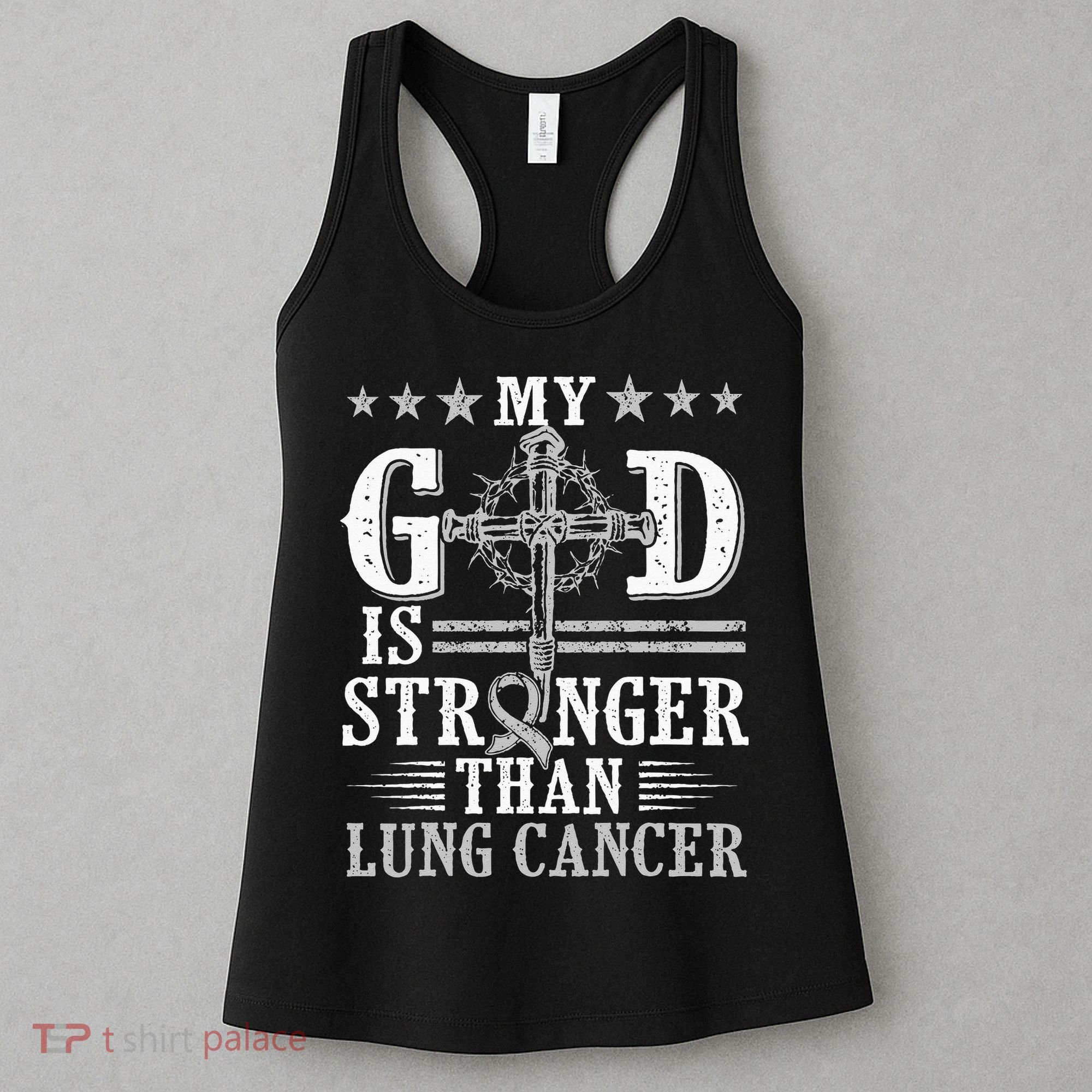 My God Is Stronger Than Lung Cancer Cross & Ribbon Women's Tank Top