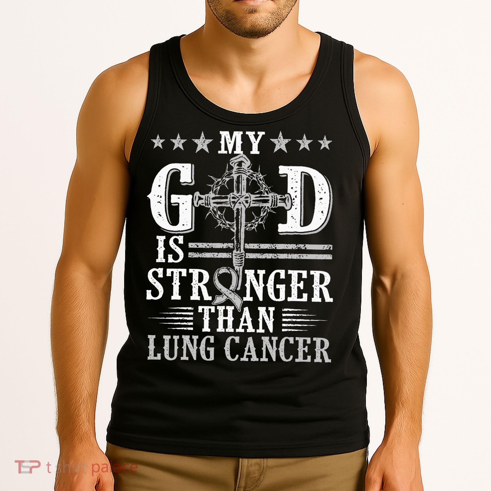 My God Is Stronger Than Lung Cancer Cross & Ribbon Tank Top