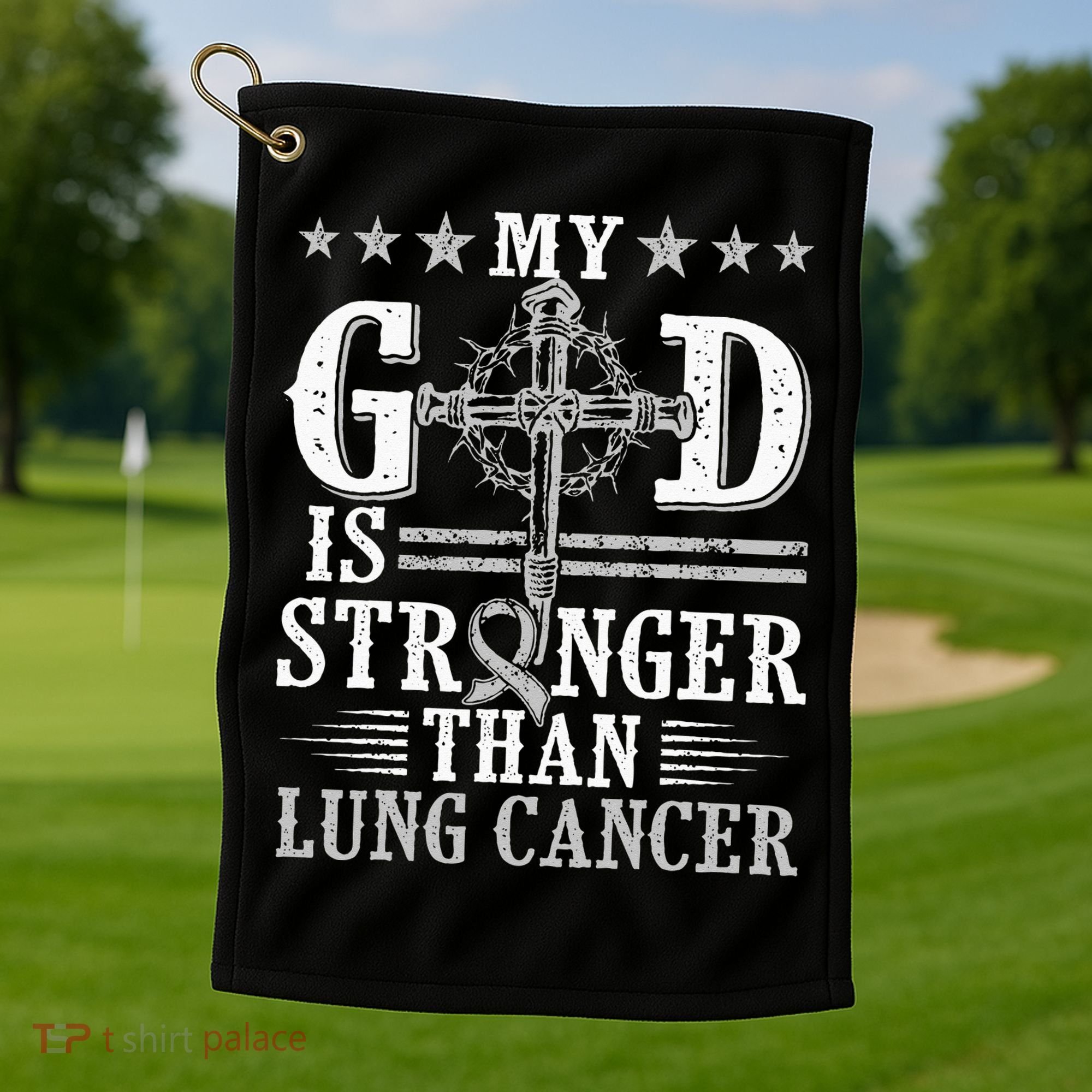 My God Is Stronger Than Lung Cancer Cross & Ribbon Golf Towel