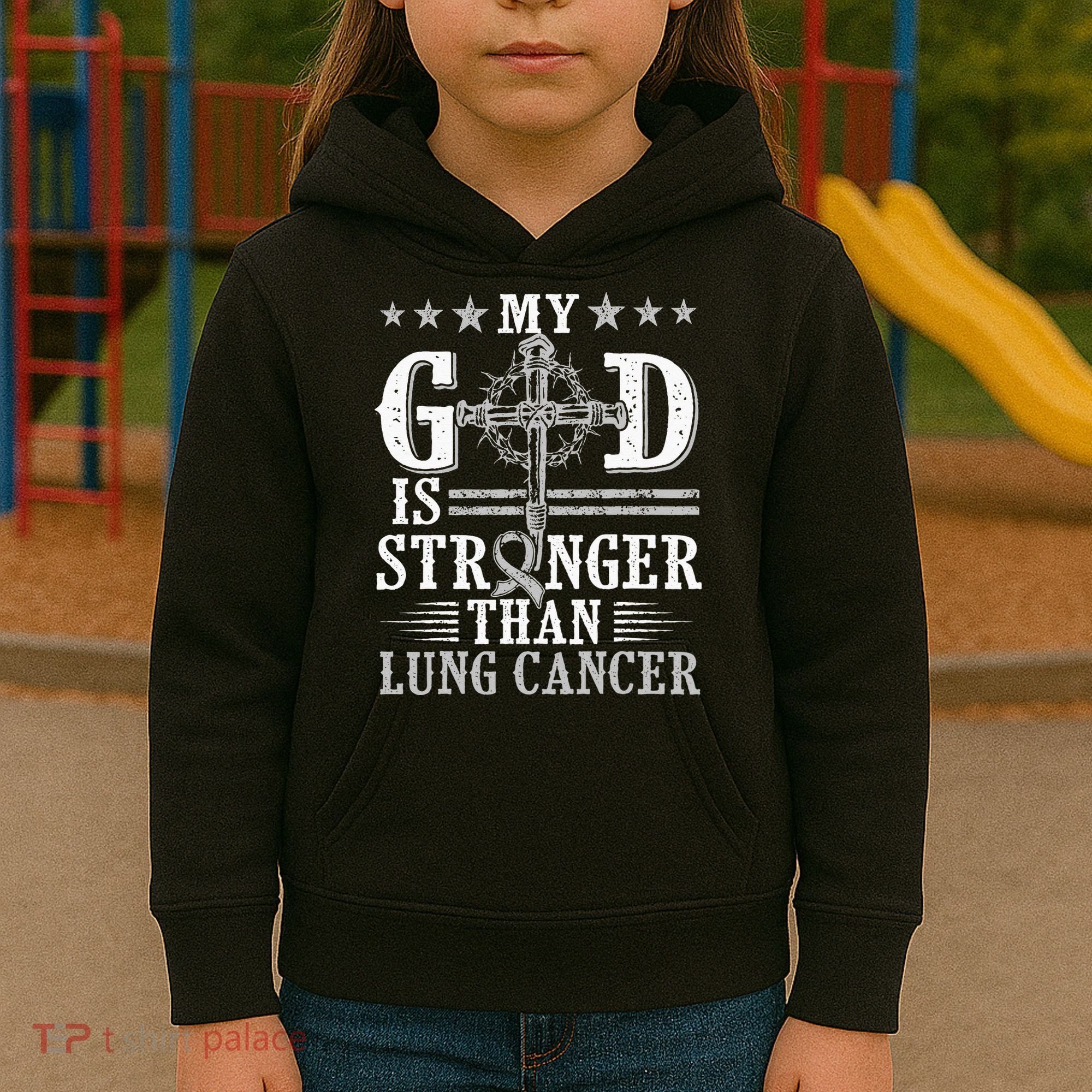 My God Is Stronger Than Lung Cancer Cross & Ribbon Kids Hoodie