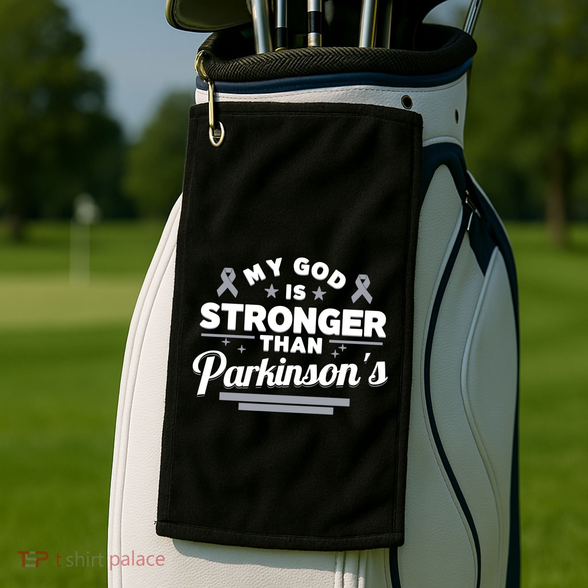 My God Is Stronger Than ParkinsonS Disease Faith Ribbon Golf Towel