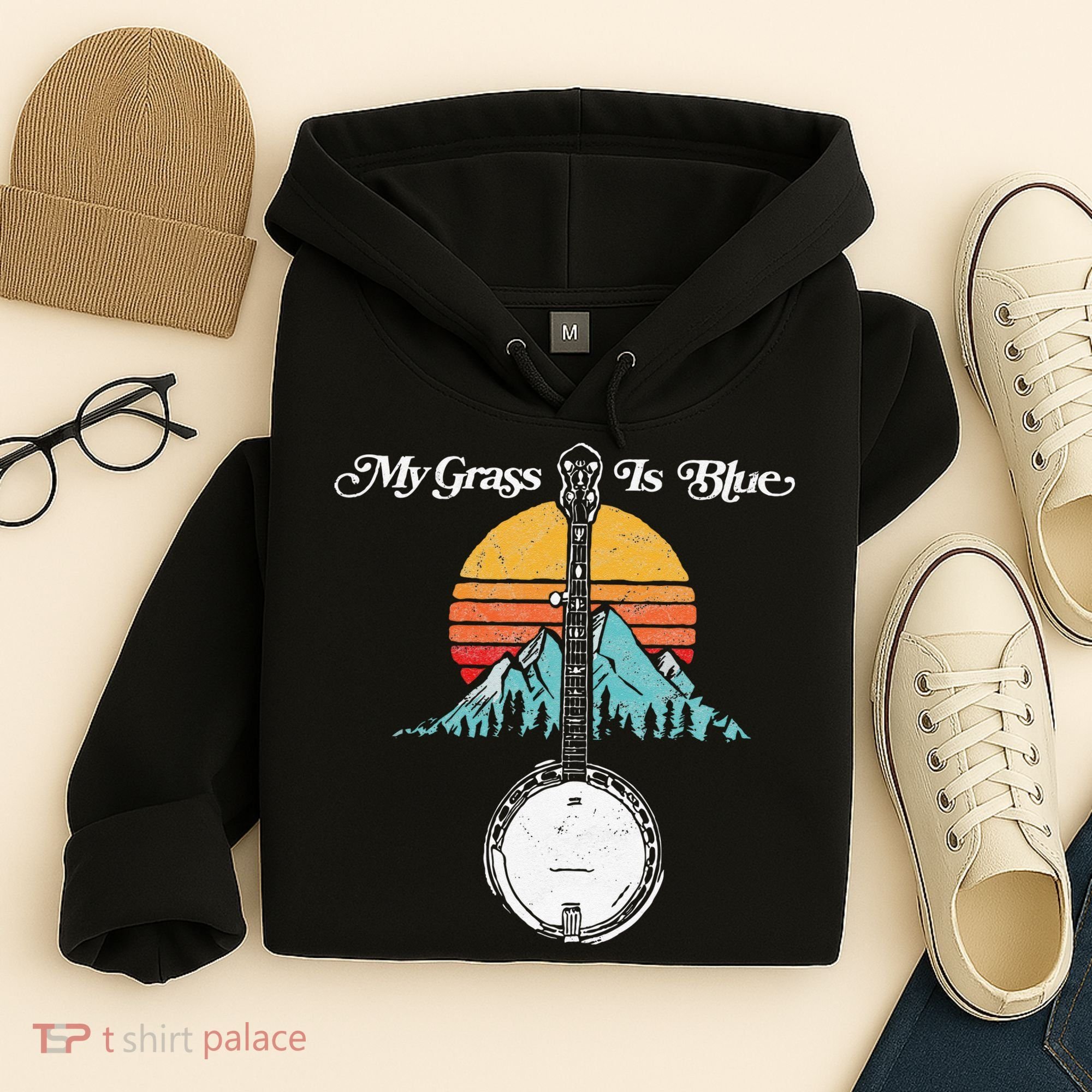 My Grass Is Blue Retro Rocky Mountain Banjo Bluegrass Hoodie