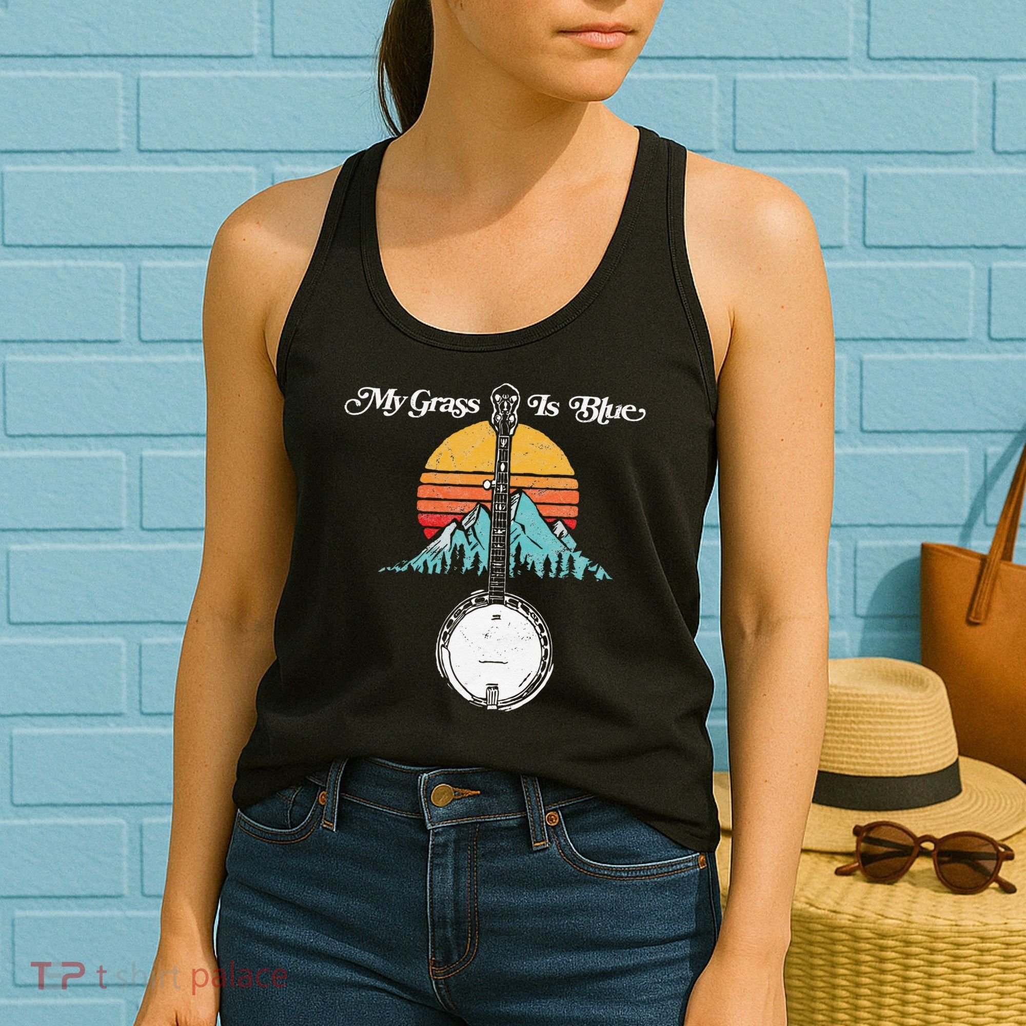 My Grass Is Blue Retro Rocky Mountain Banjo Bluegrass Women's Tank Top