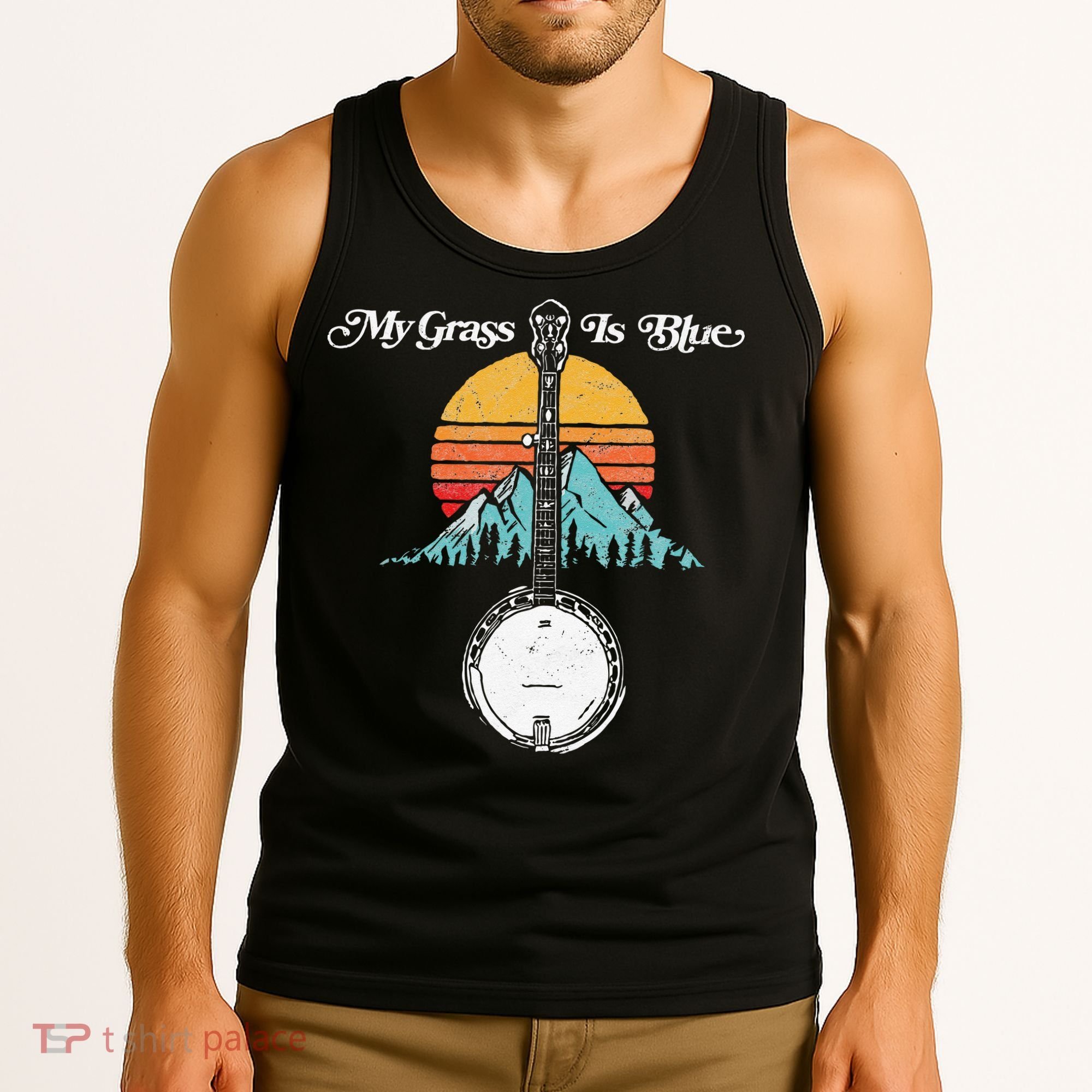 My Grass Is Blue Retro Rocky Mountain Banjo Bluegrass Tank Top