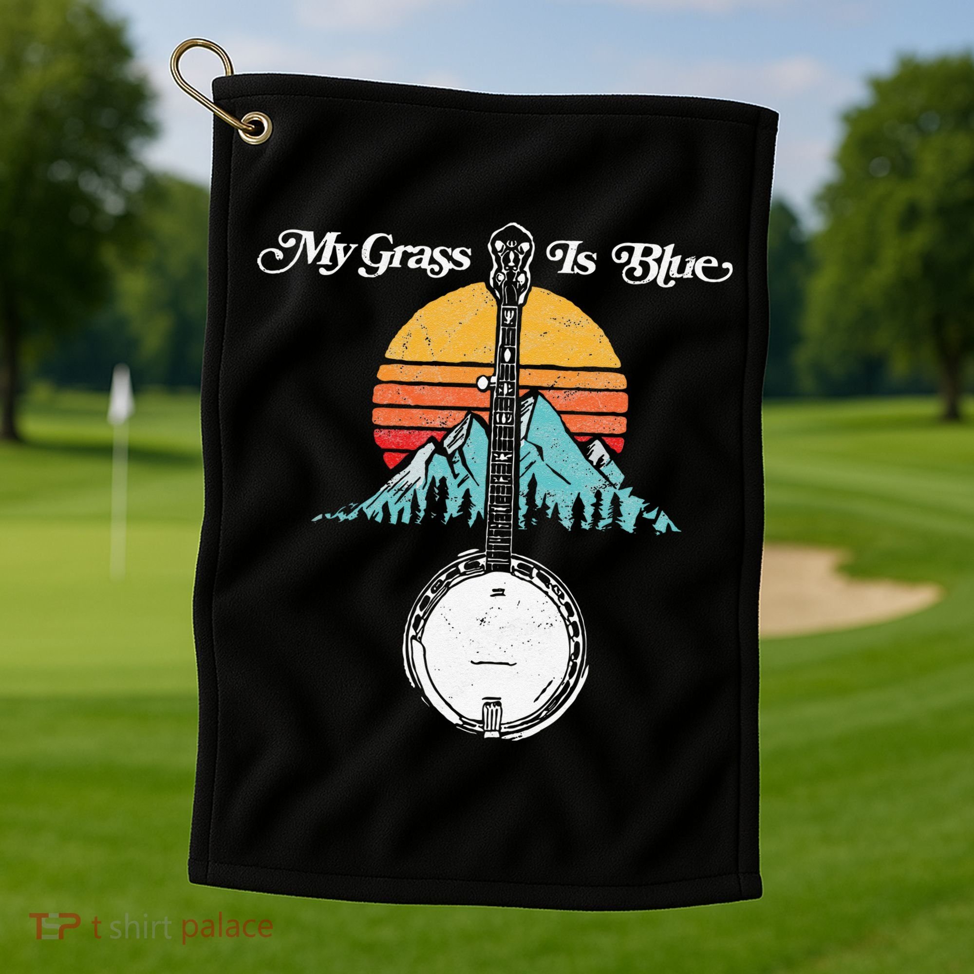 My Grass Is Blue Retro Rocky Mountain Banjo Bluegrass Golf Towel