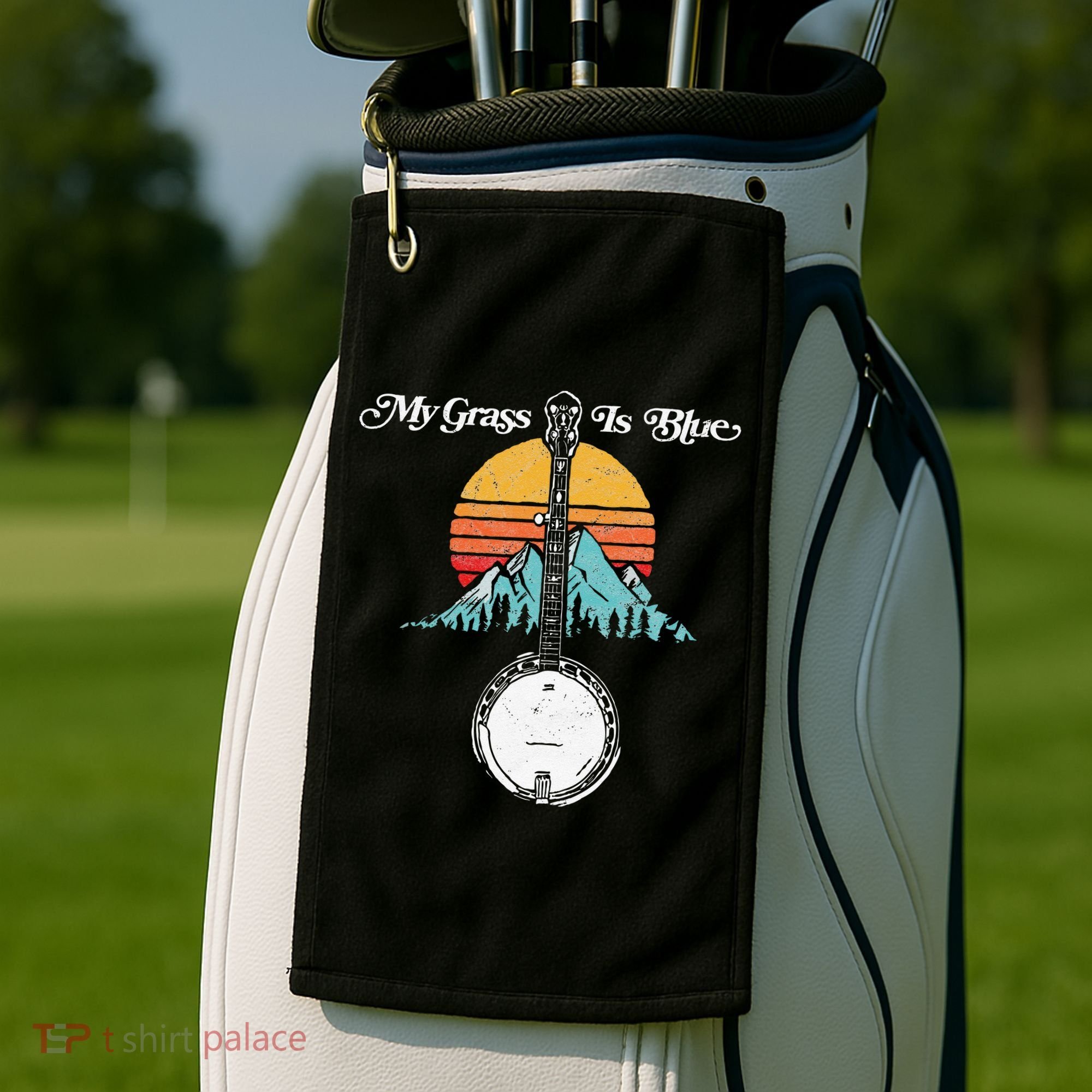 My Grass Is Blue Retro Rocky Mountain Banjo Bluegrass Golf Towel