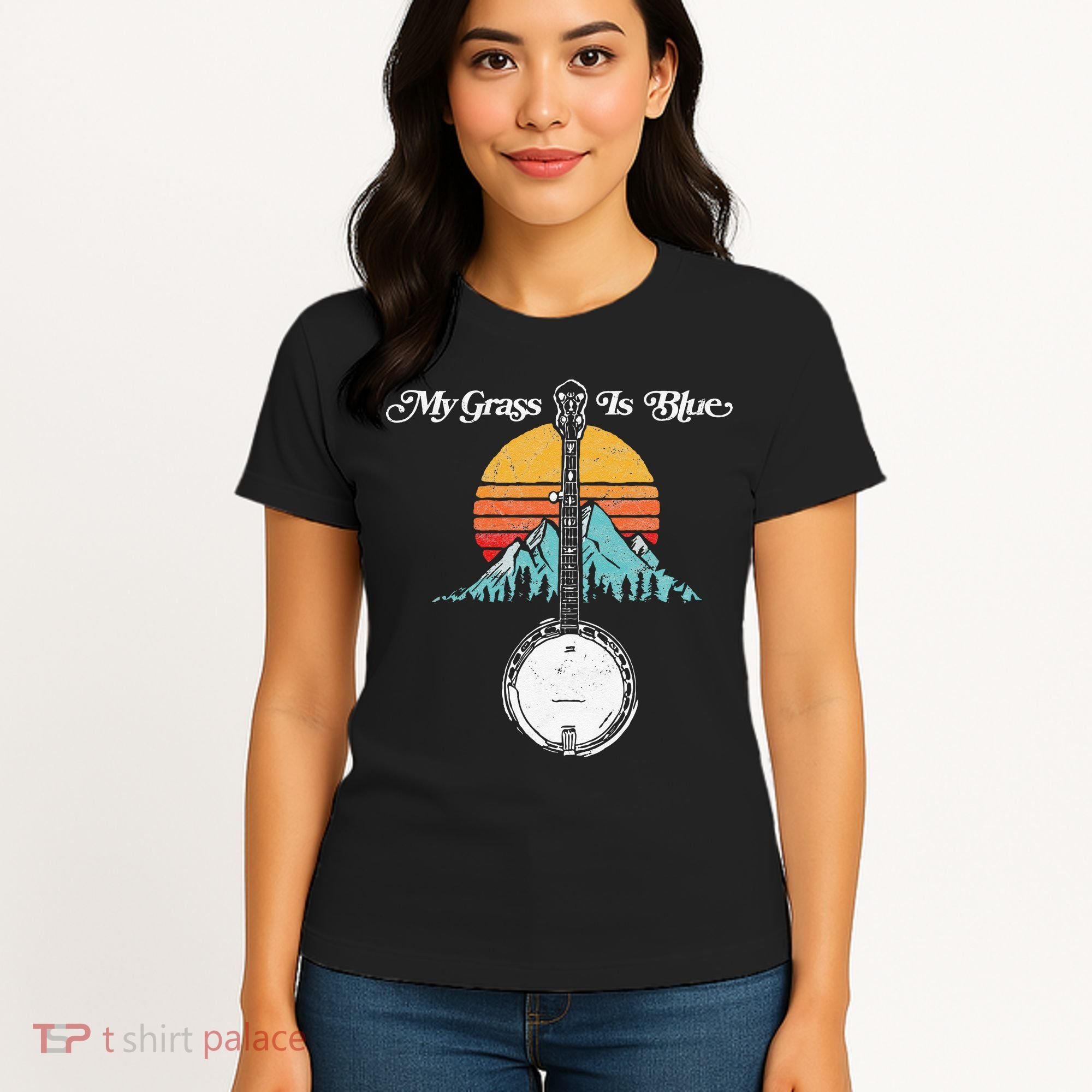 My Grass Is Blue Retro Rocky Mountain Banjo Bluegrass Women's T-Shirt