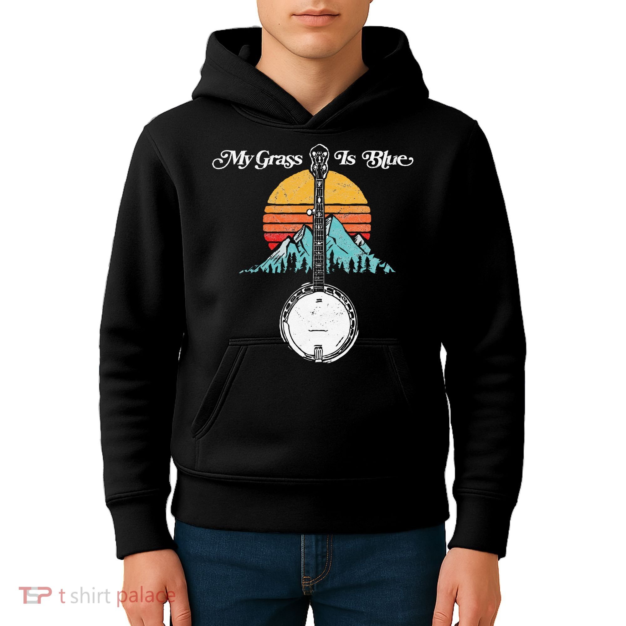 My Grass Is Blue Retro Rocky Mountain Banjo Bluegrass Kids Hoodie