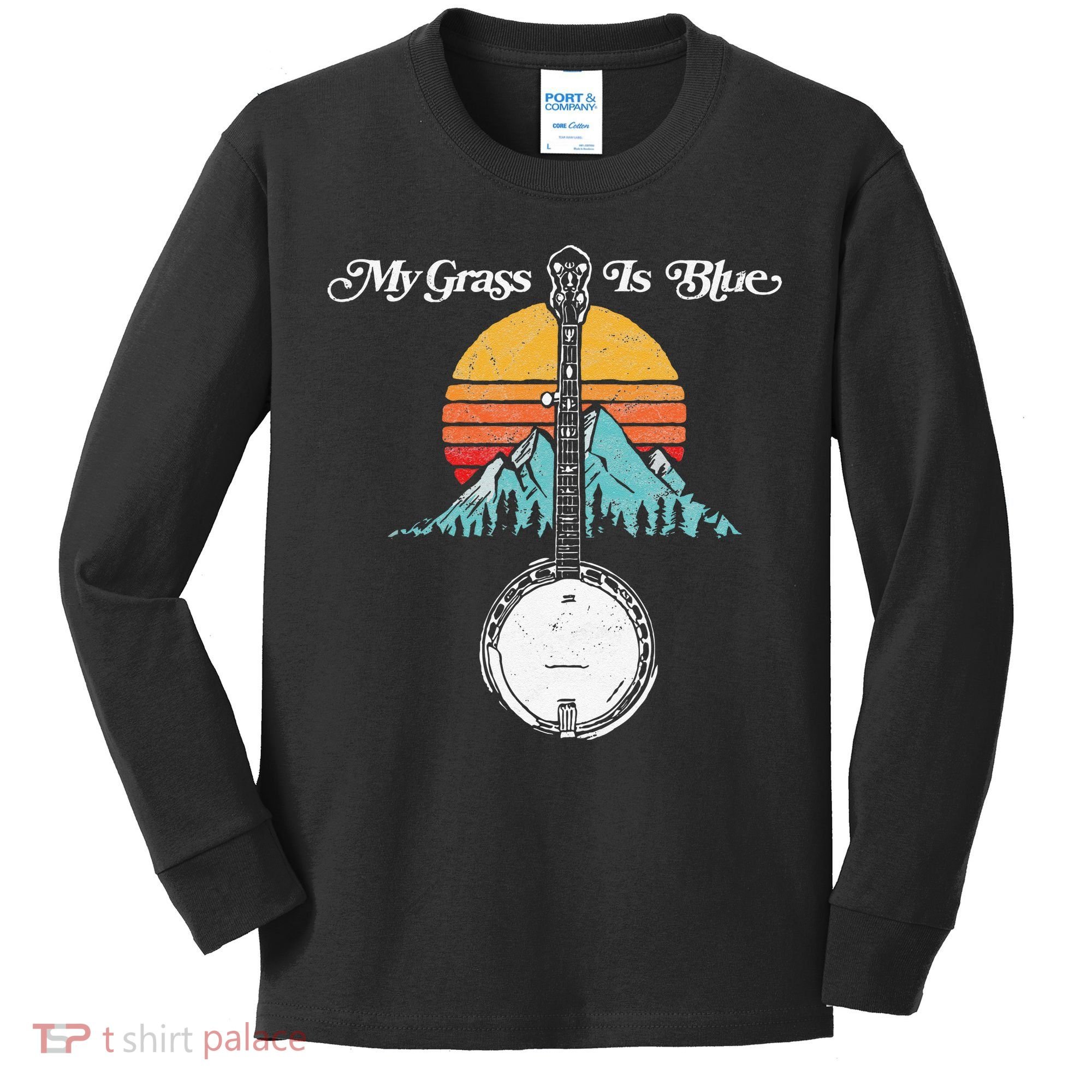 My Grass Is Blue Retro Rocky Mountain Banjo Bluegrass Kids Long Sleeve Shirt