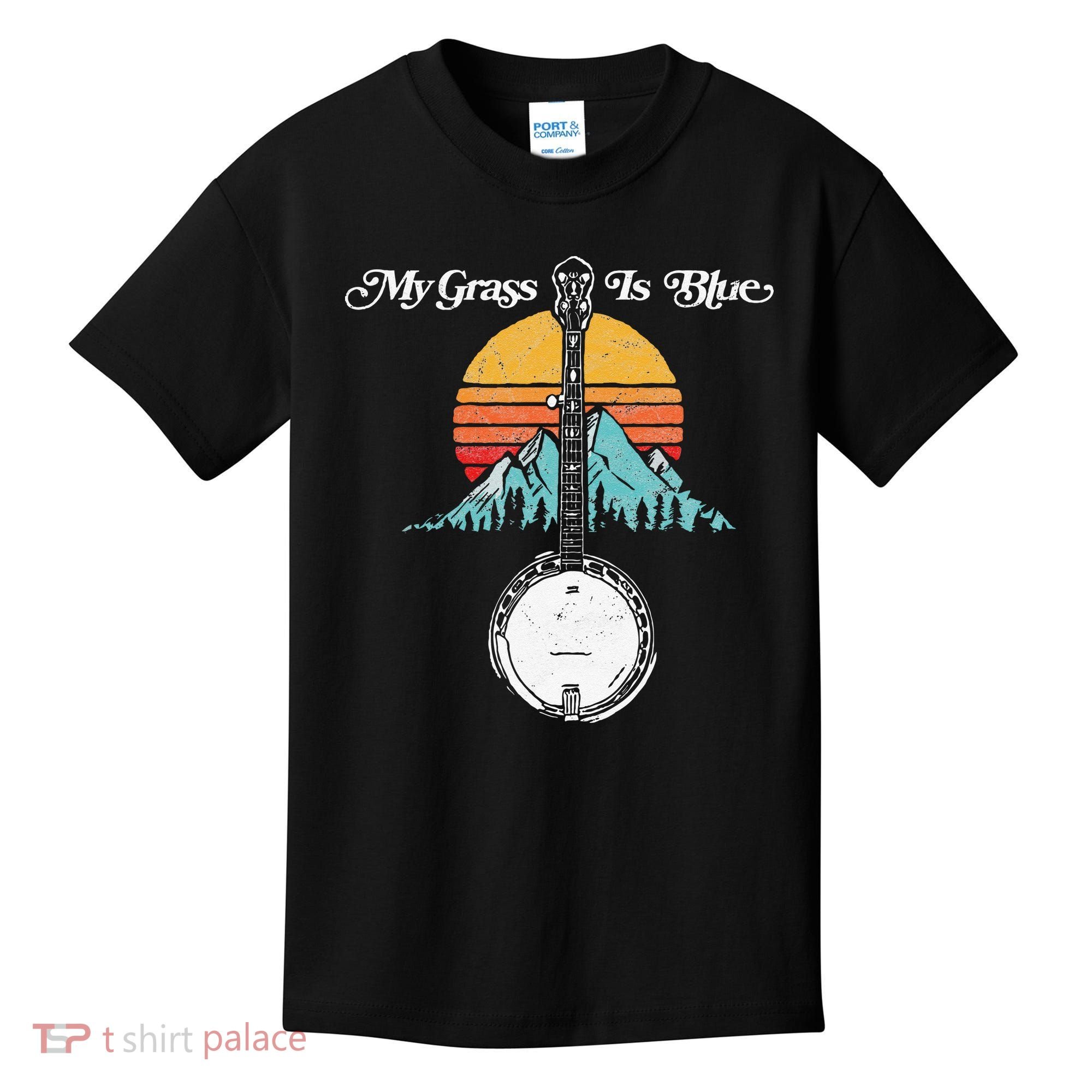 My Grass Is Blue Retro Rocky Mountain Banjo Bluegrass Kids T-Shirt