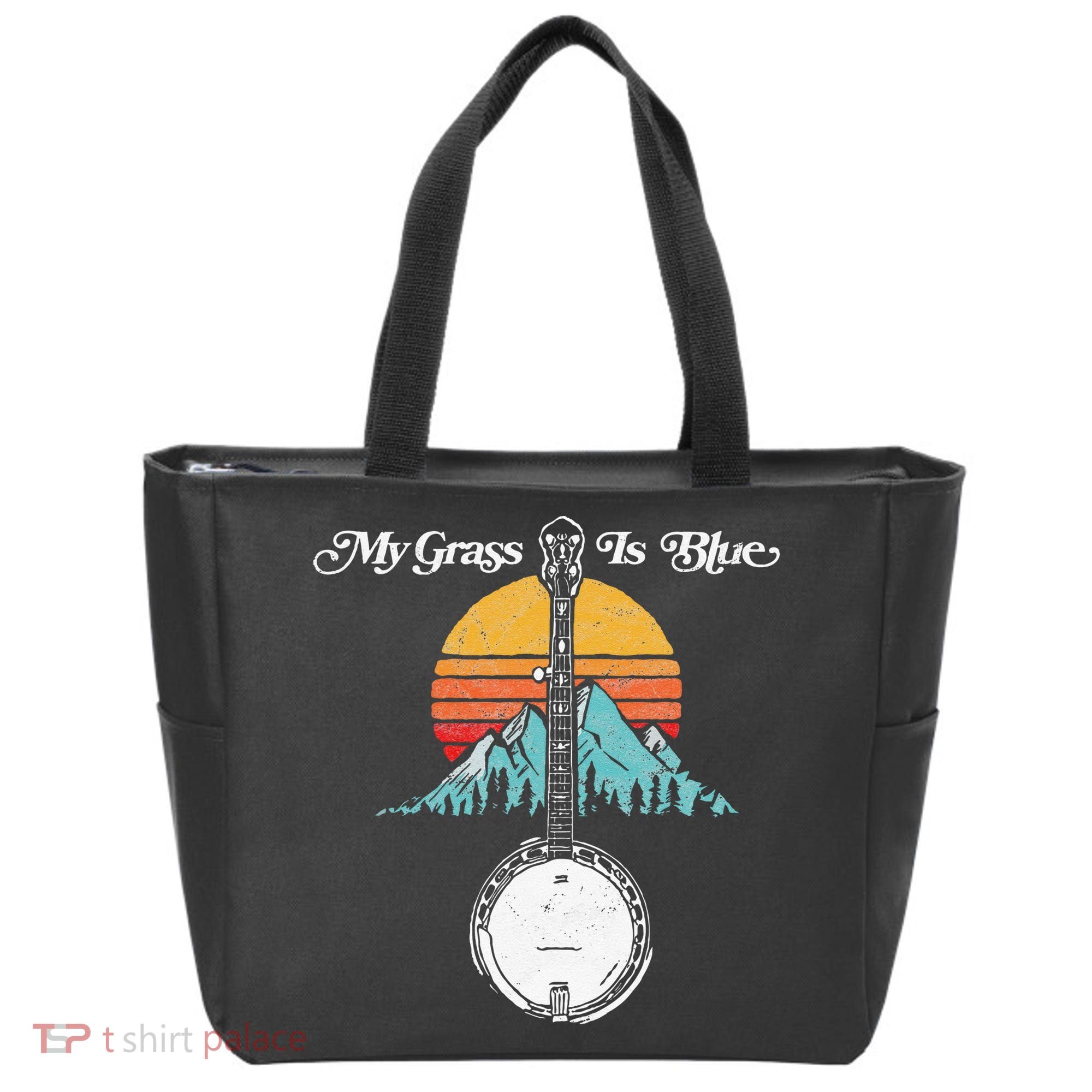 My Grass Is Blue Retro Rocky Mountain Banjo Bluegrass Tote Bag
