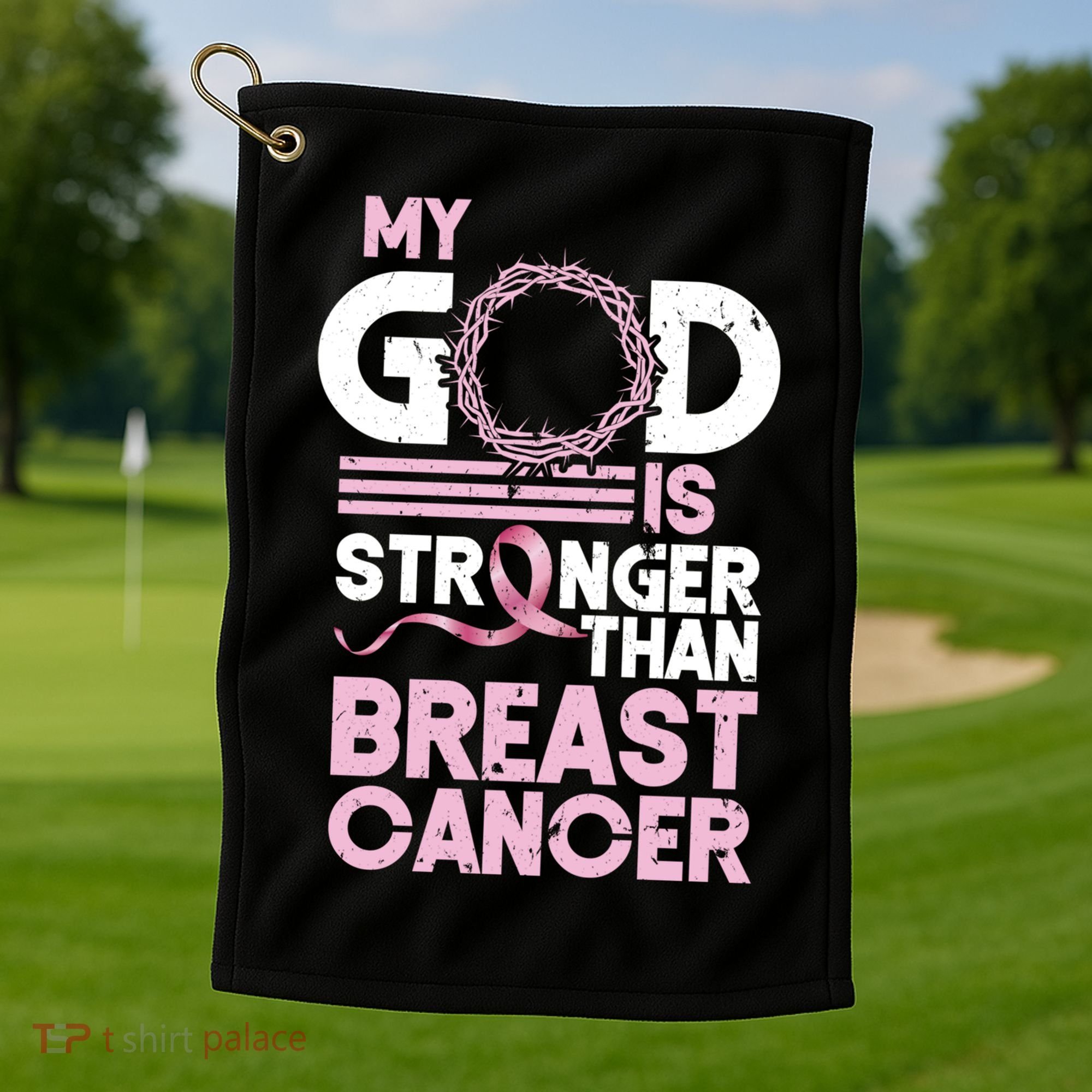 My God Is Stronger Than Breast Cancer Awareness Christian Golf Towel