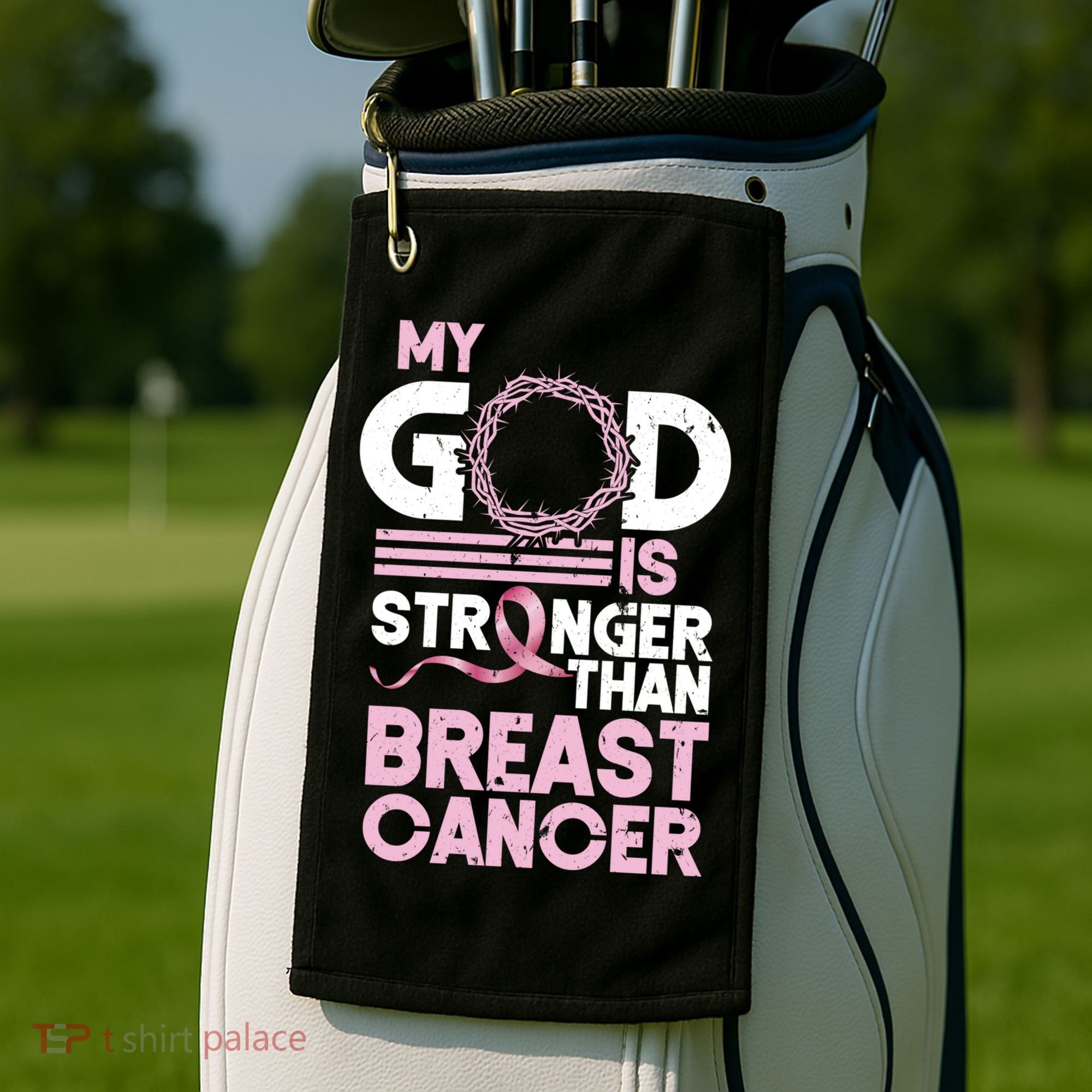 My God Is Stronger Than Breast Cancer Awareness Christian Golf Towel