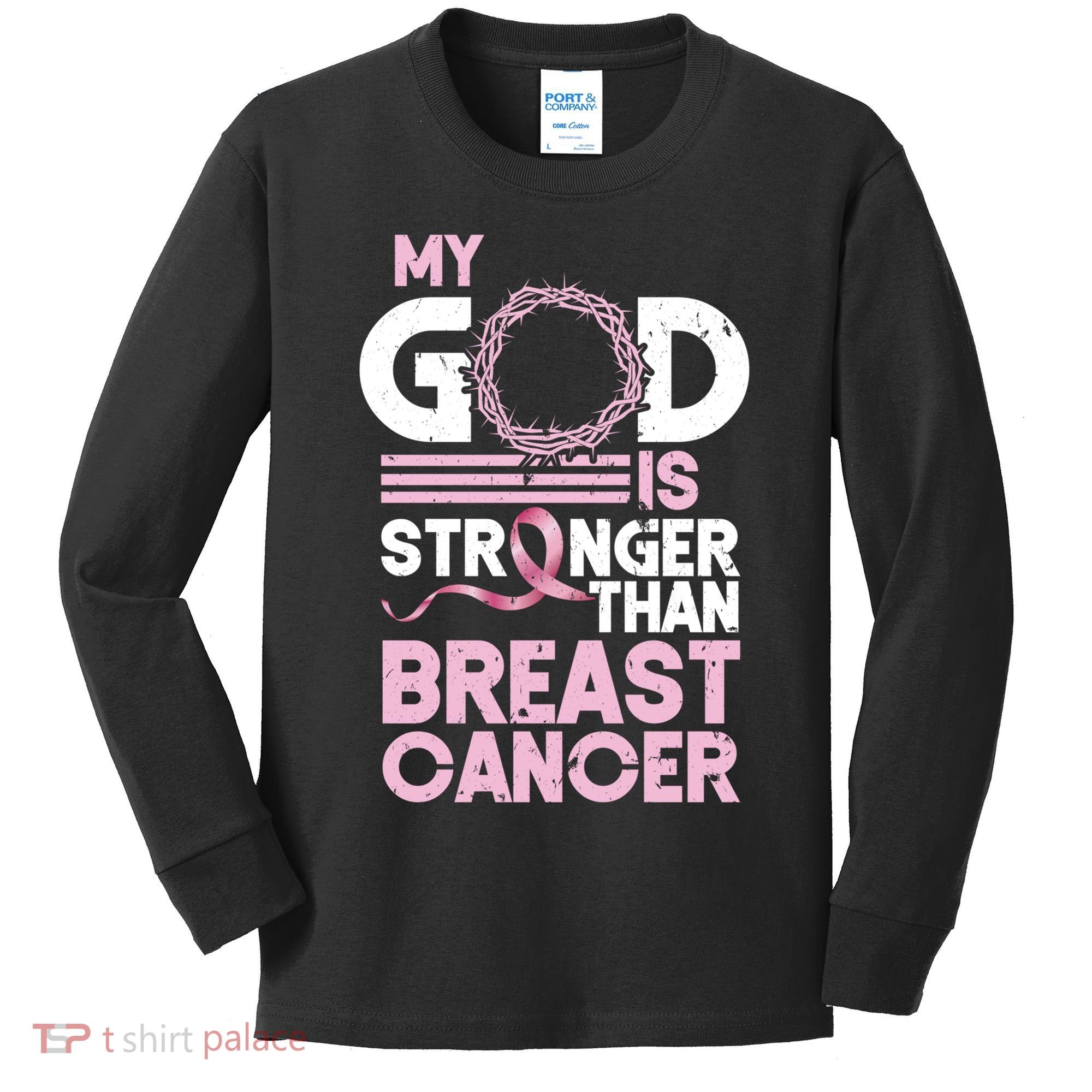 My God Is Stronger Than Breast Cancer Awareness Christian Kids Long Sleeve Shirt