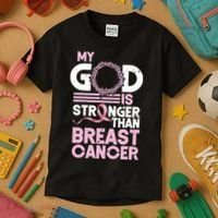 My God Is Stronger Than Breast Cancer Awareness Christian Kids T-Shirt thumb 3