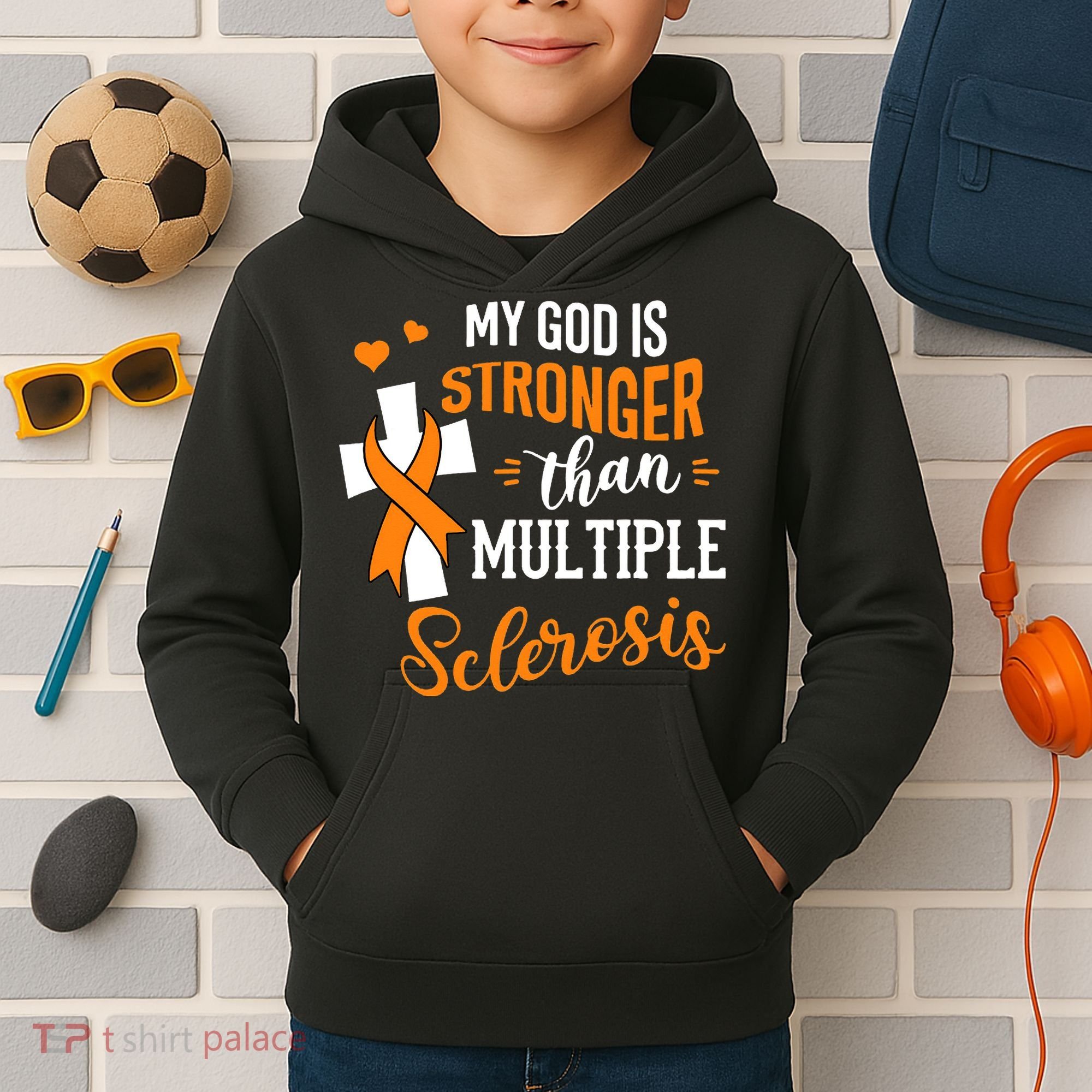 My God is Stronger Than Multiple Sclerosis Warrior Fighter Kids Hoodie