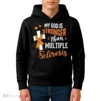 My God is Stronger Than Multiple Sclerosis Warrior Fighter Kids Hoodie thumb 4