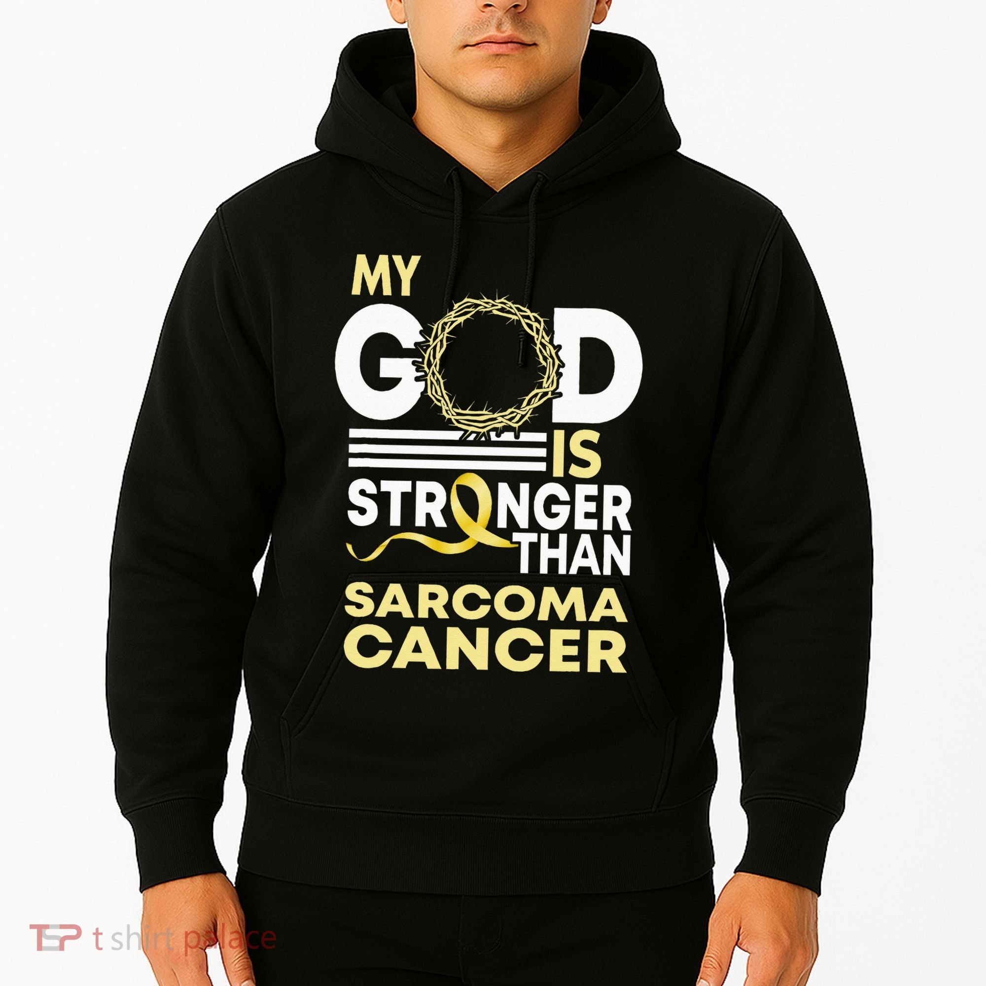 My God Is Stronger Than Sarcoma Cancer Awareness Ribbon Hoodie