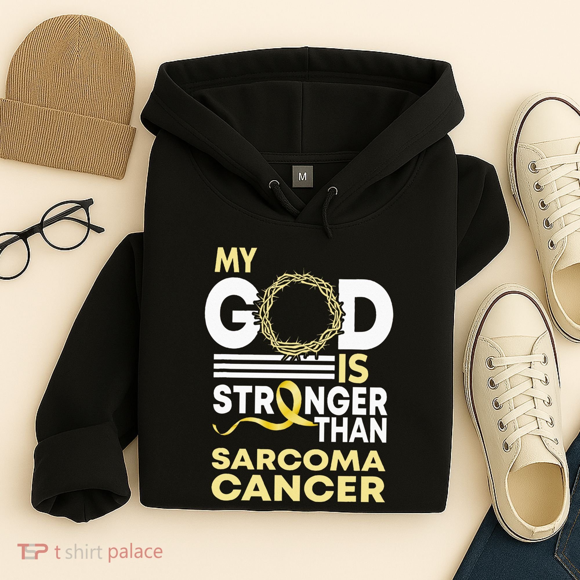 My God Is Stronger Than Sarcoma Cancer Awareness Ribbon Hoodie