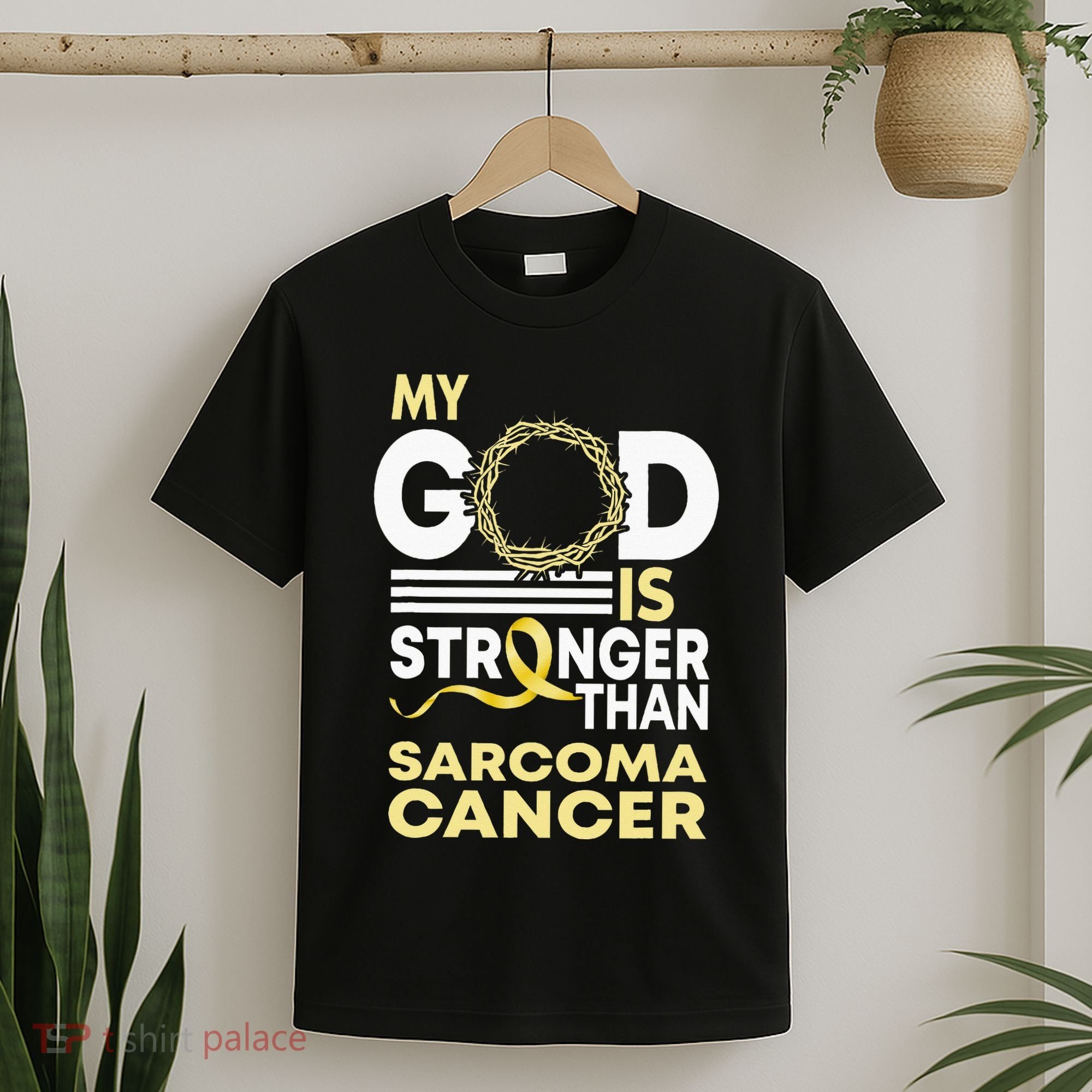 My God Is Stronger Than Sarcoma Cancer Awareness Ribbon T-Shirt