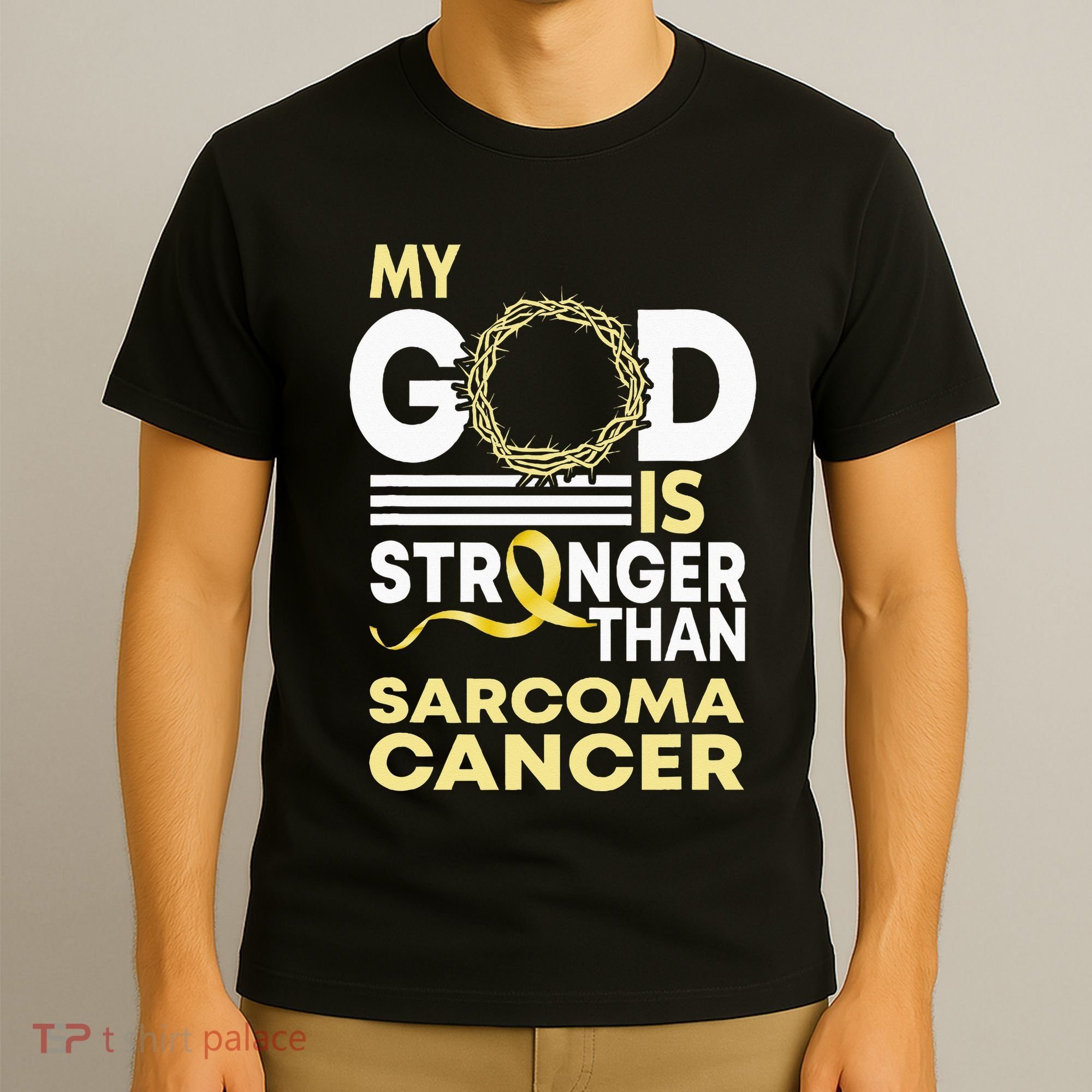 My God Is Stronger Than Sarcoma Cancer Awareness Ribbon T-Shirt