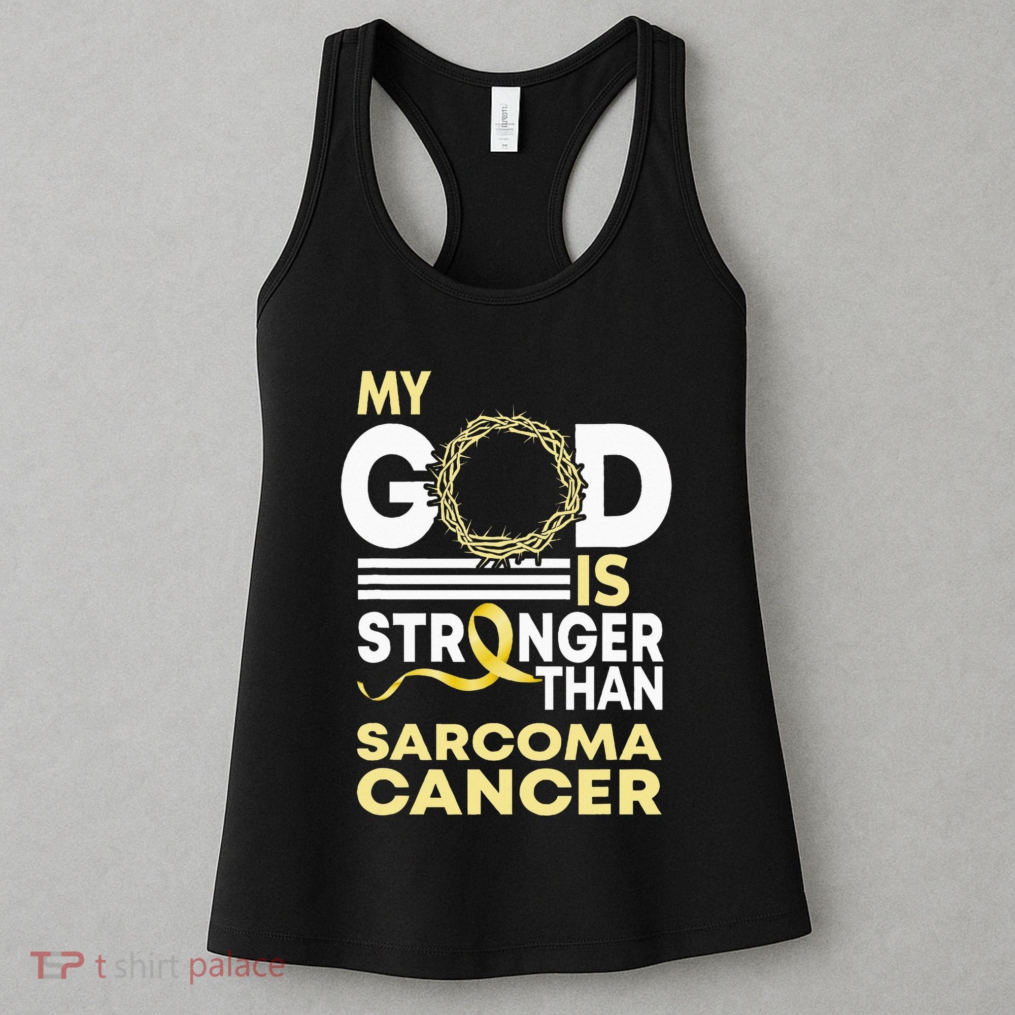 My God Is Stronger Than Sarcoma Cancer Awareness Ribbon Women's Tank Top