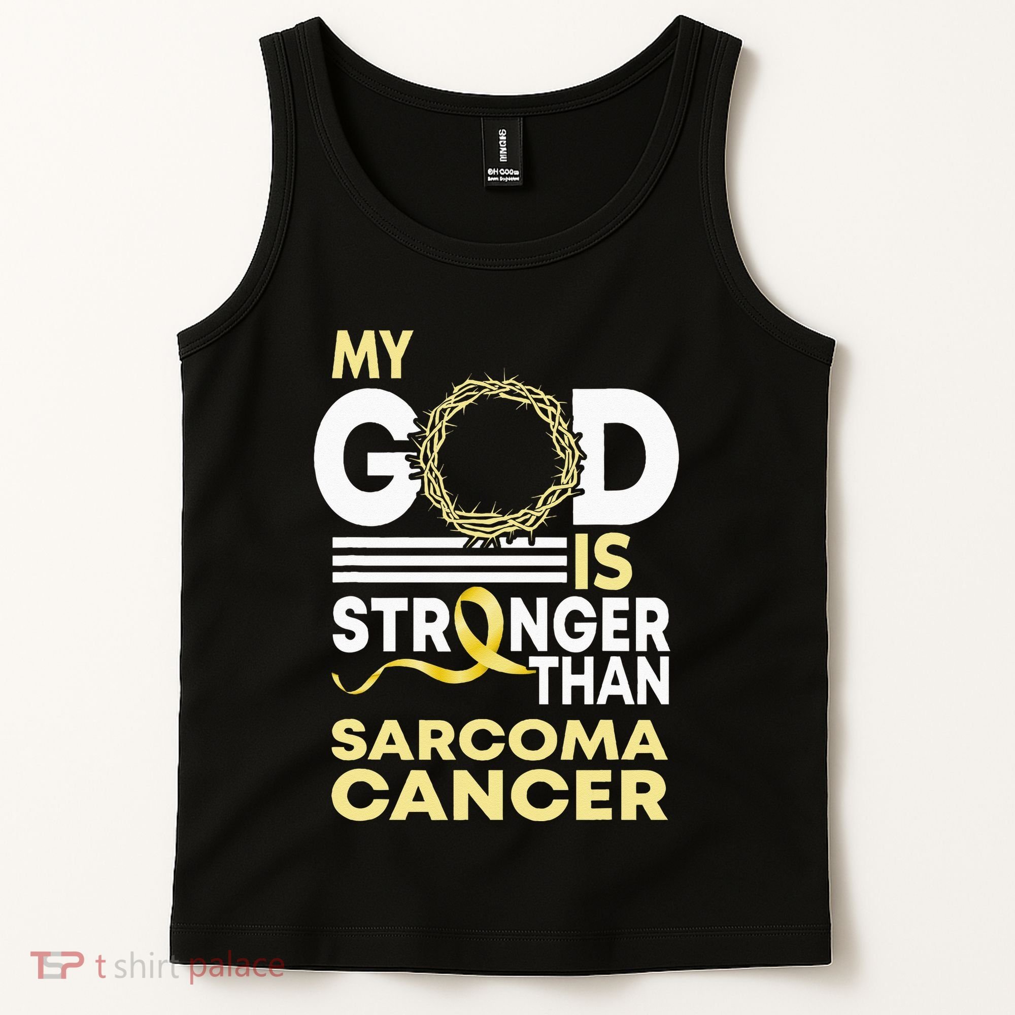 My God Is Stronger Than Sarcoma Cancer Awareness Ribbon Tank Top
