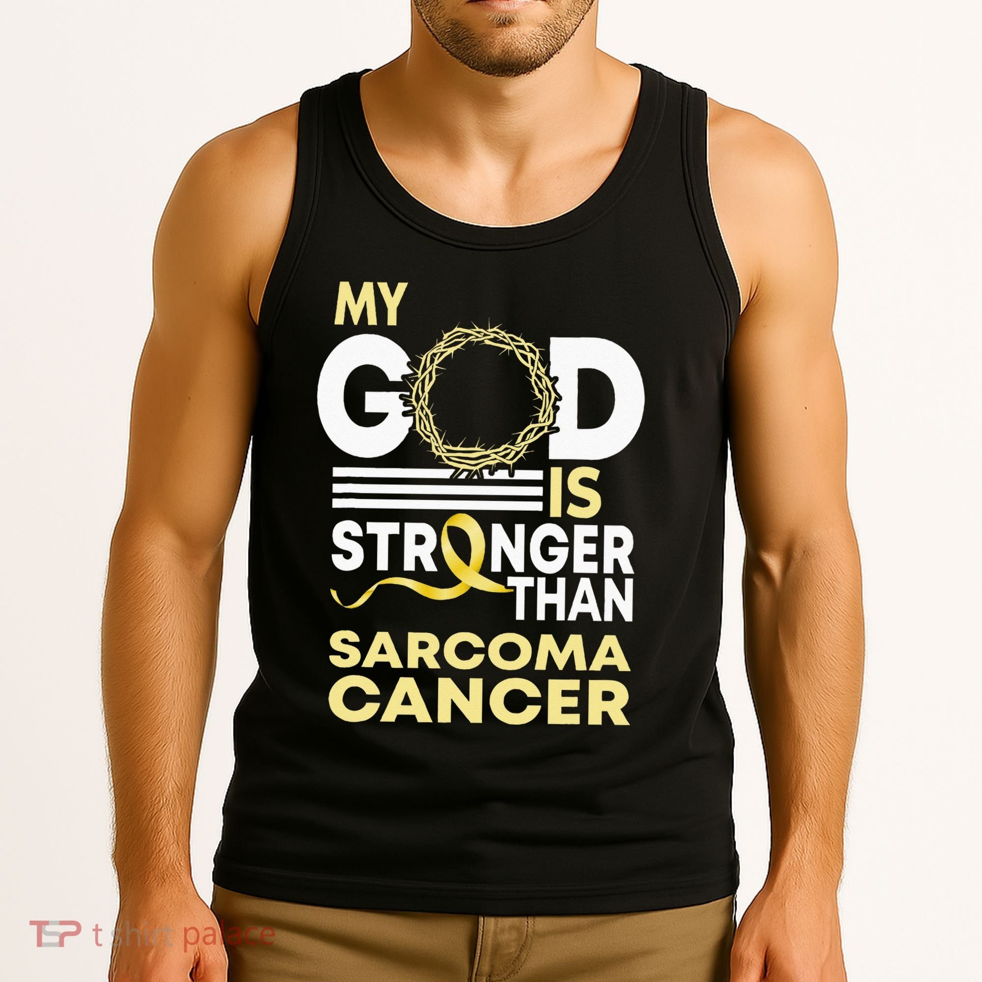 My God Is Stronger Than Sarcoma Cancer Awareness Ribbon Tank Top