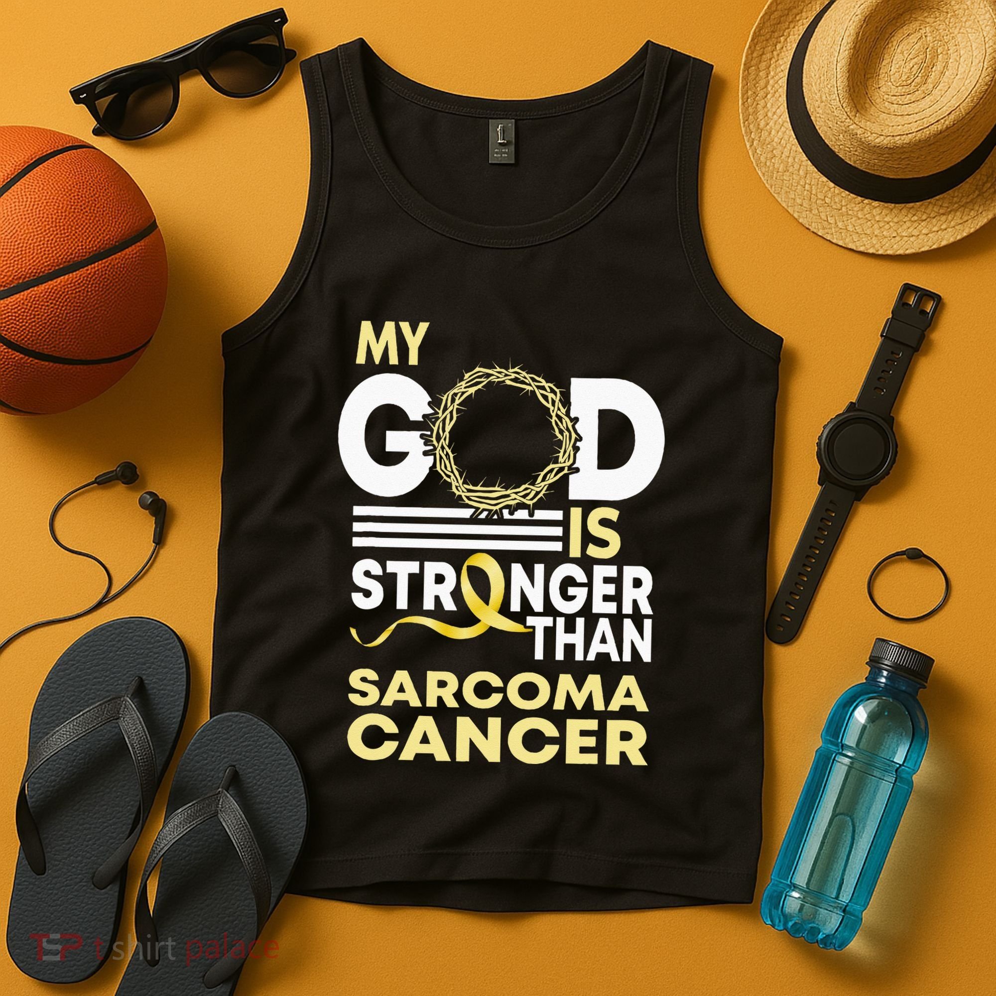 My God Is Stronger Than Sarcoma Cancer Awareness Ribbon Tank Top