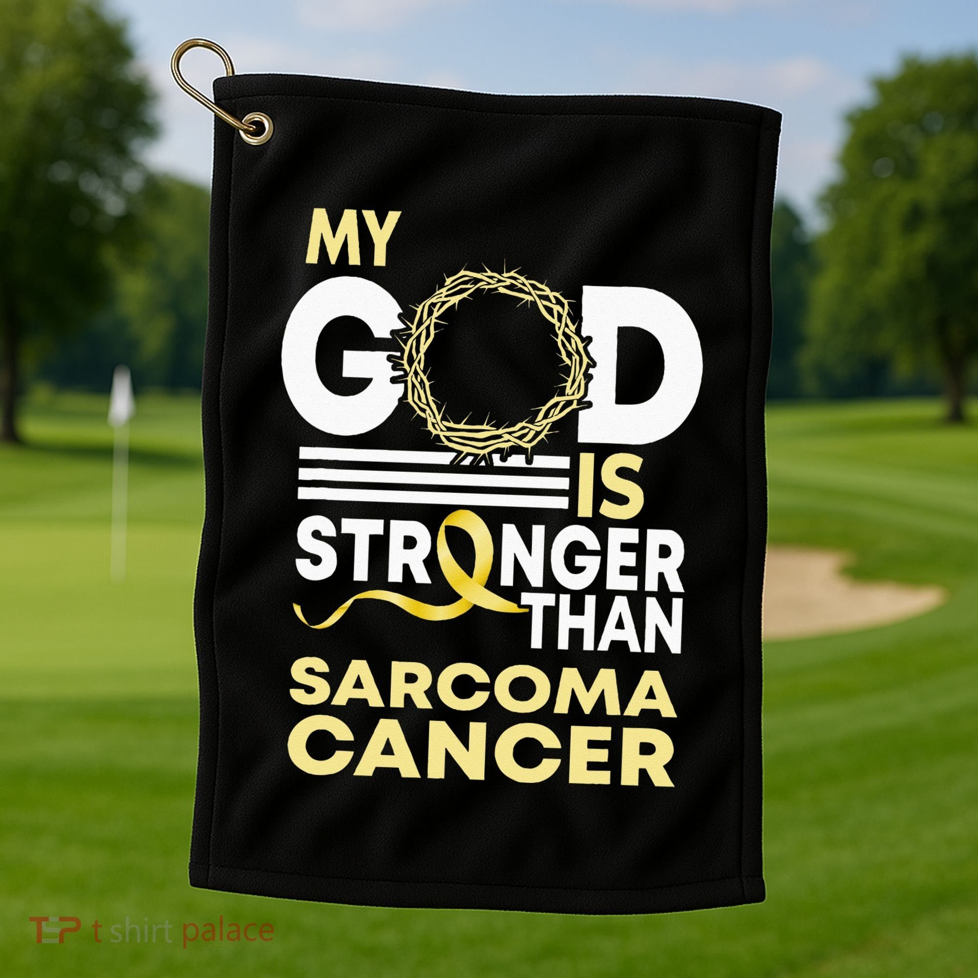 My God Is Stronger Than Sarcoma Cancer Awareness Ribbon Golf Towel