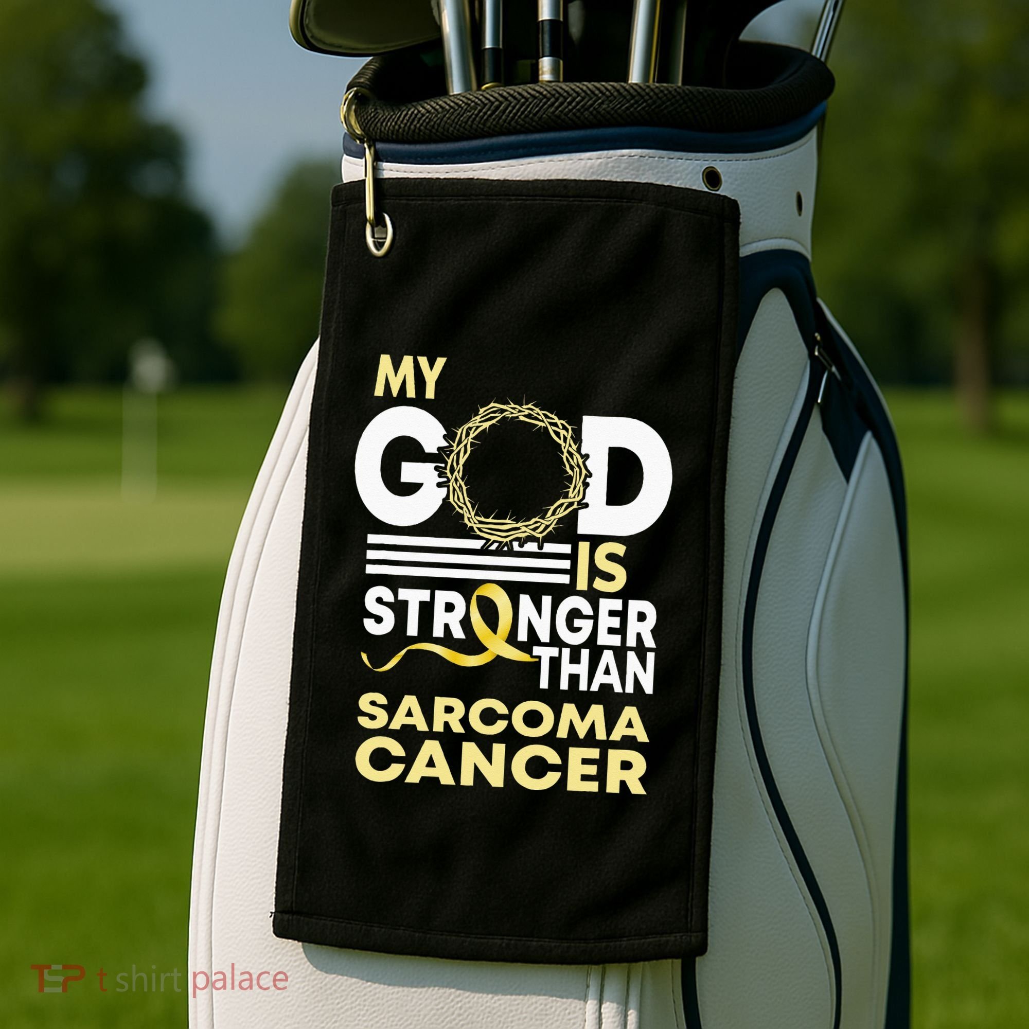 My God Is Stronger Than Sarcoma Cancer Awareness Ribbon Golf Towel