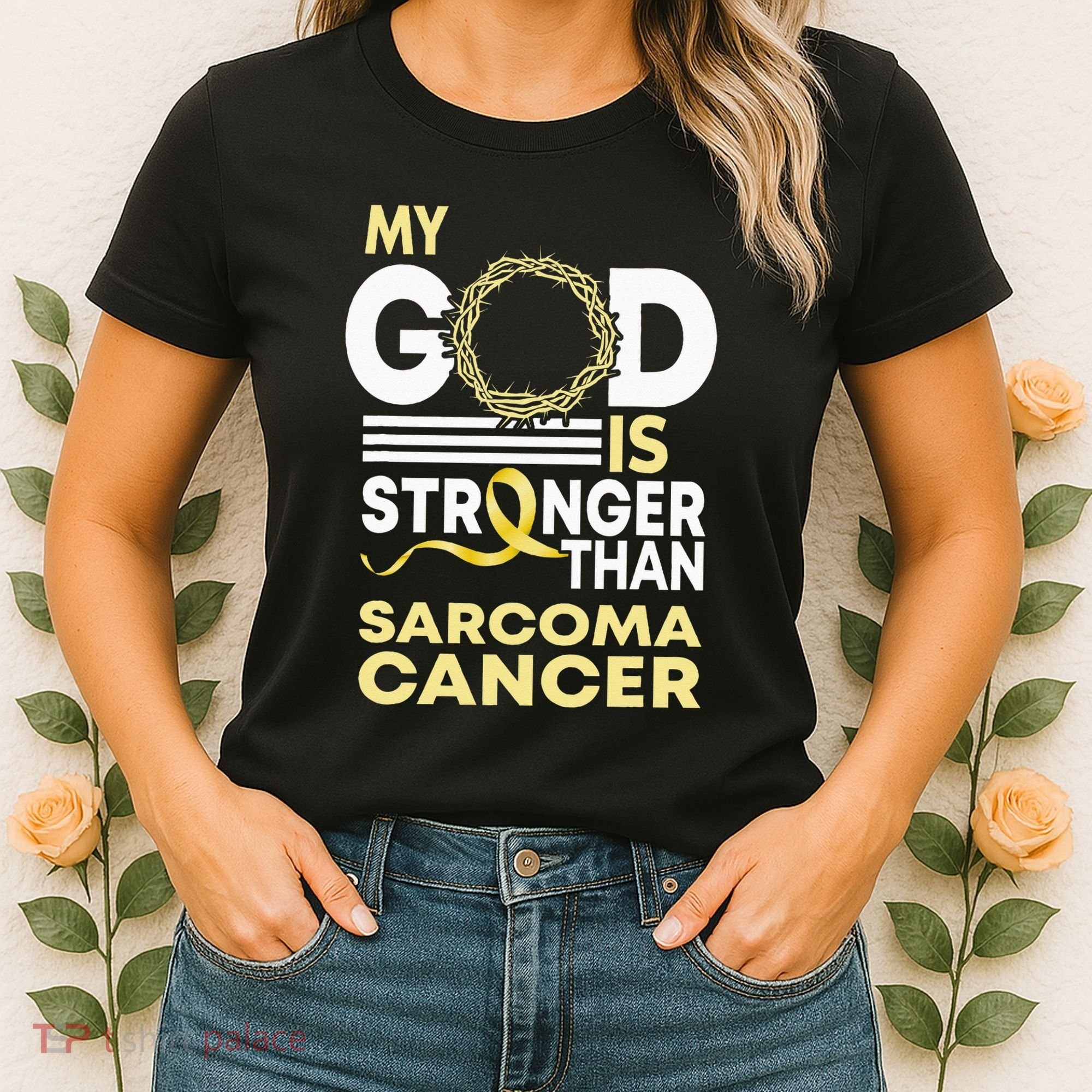 My God Is Stronger Than Sarcoma Cancer Awareness Ribbon Women's T-Shirt