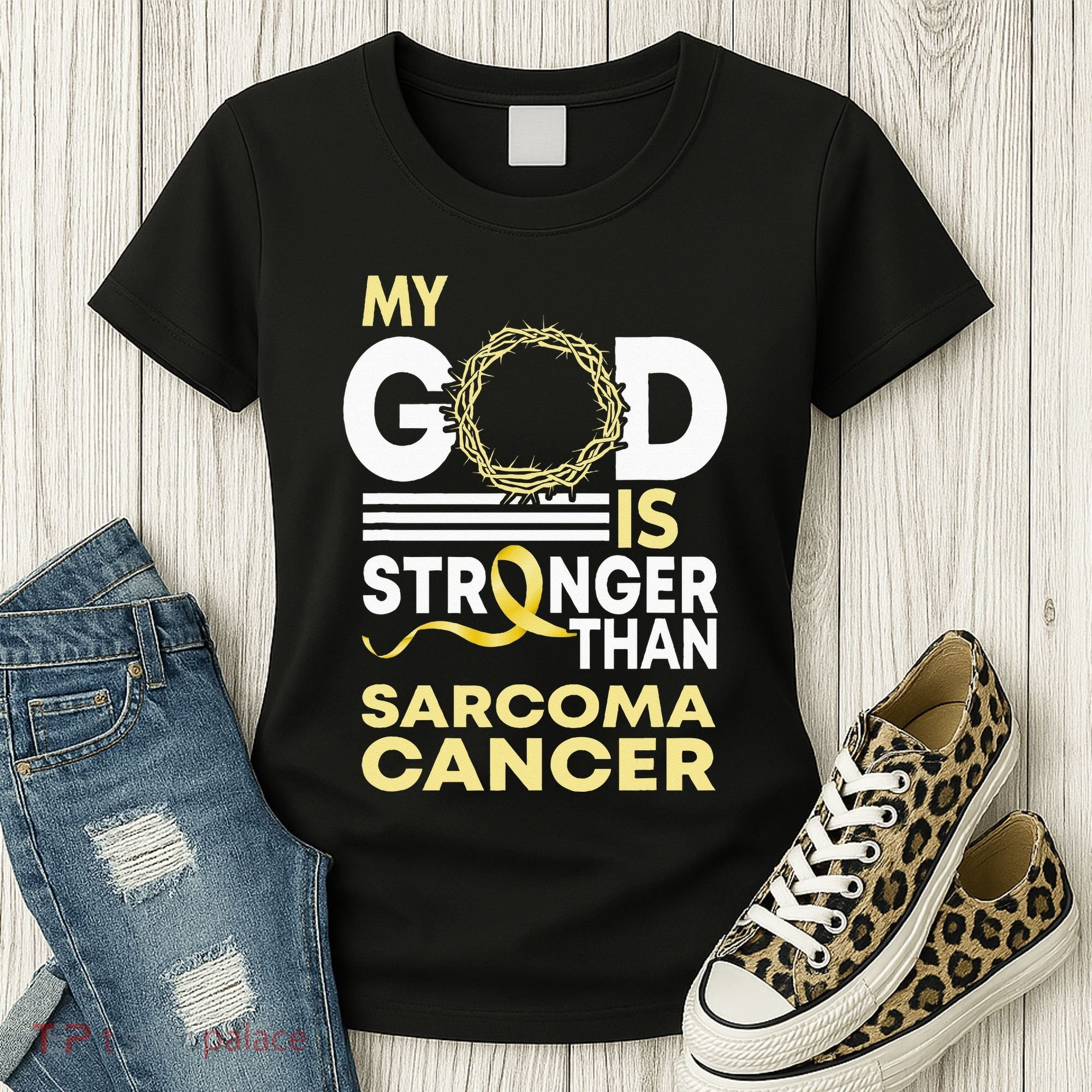 My God Is Stronger Than Sarcoma Cancer Awareness Ribbon Women's T-Shirt