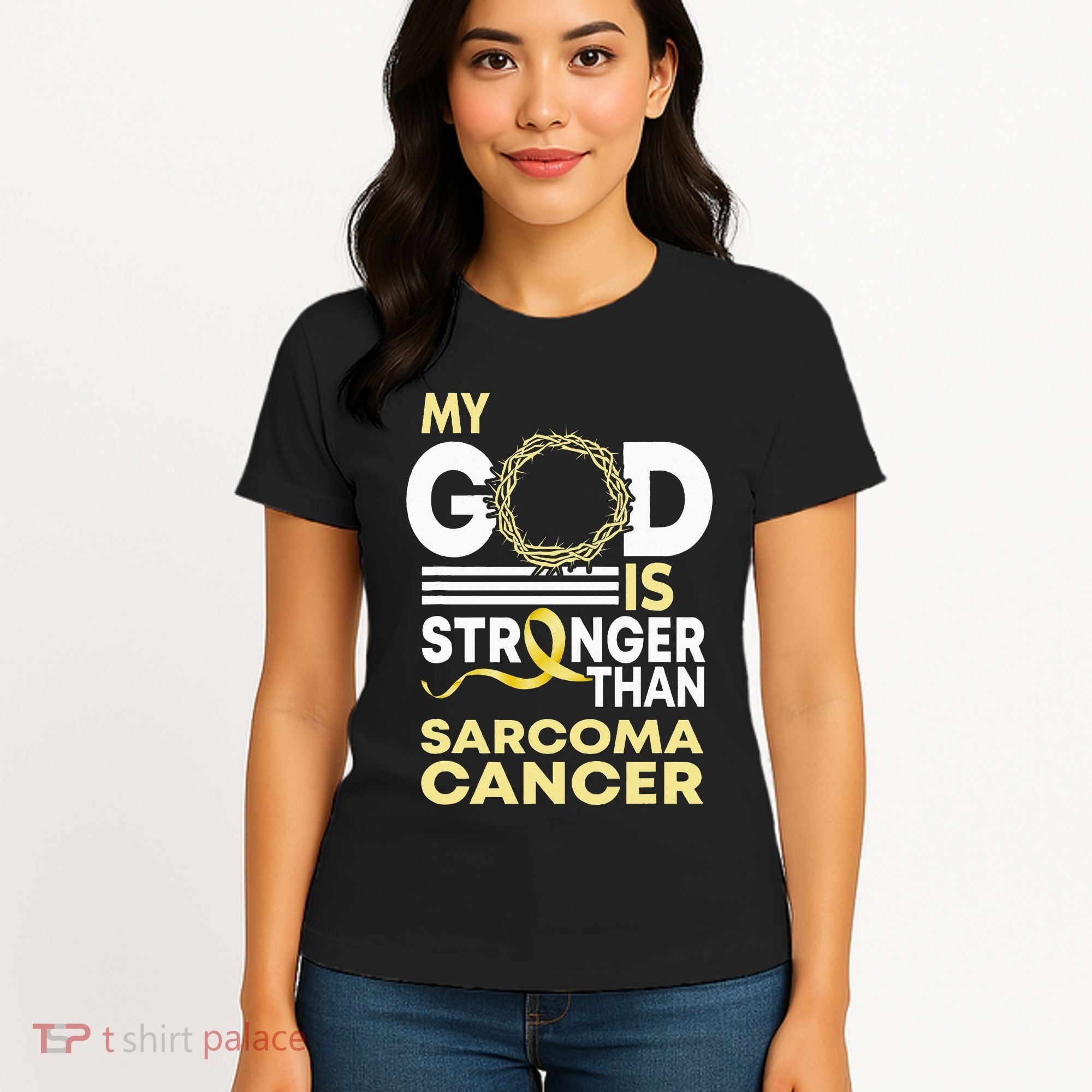 My God Is Stronger Than Sarcoma Cancer Awareness Ribbon Women's T-Shirt