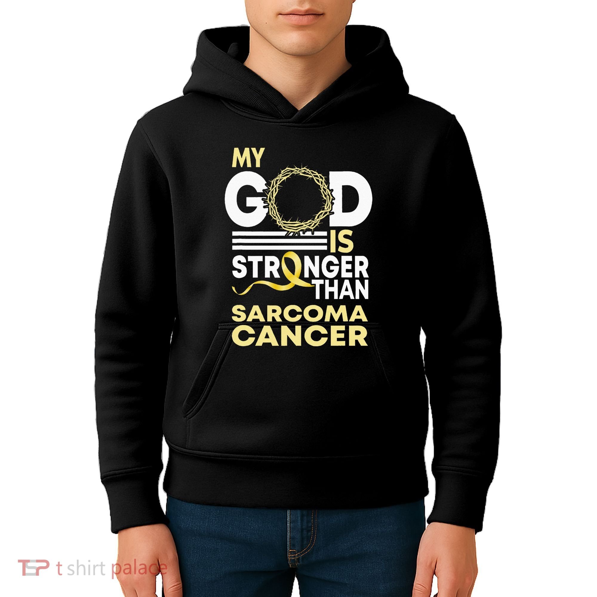 My God Is Stronger Than Sarcoma Cancer Awareness Ribbon Kids Hoodie