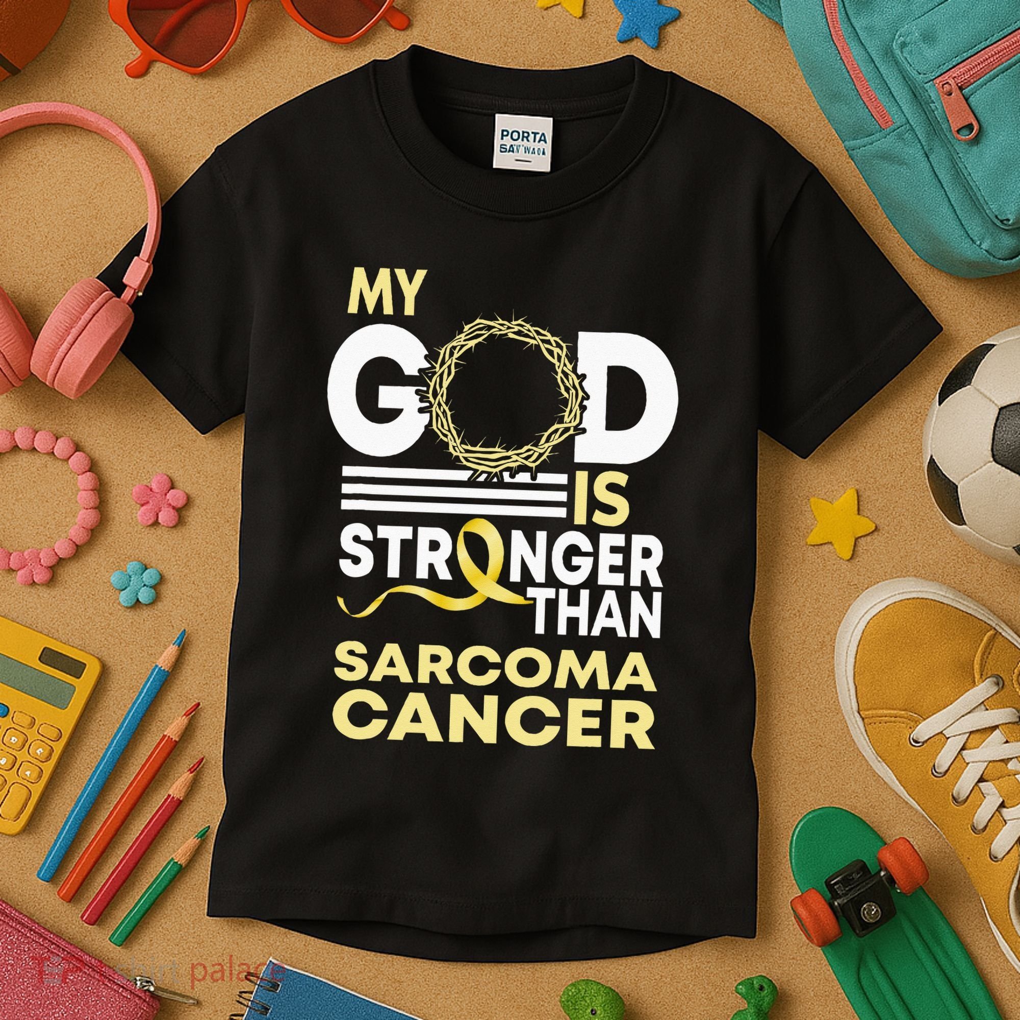 My God Is Stronger Than Sarcoma Cancer Awareness Ribbon Kids T-Shirt