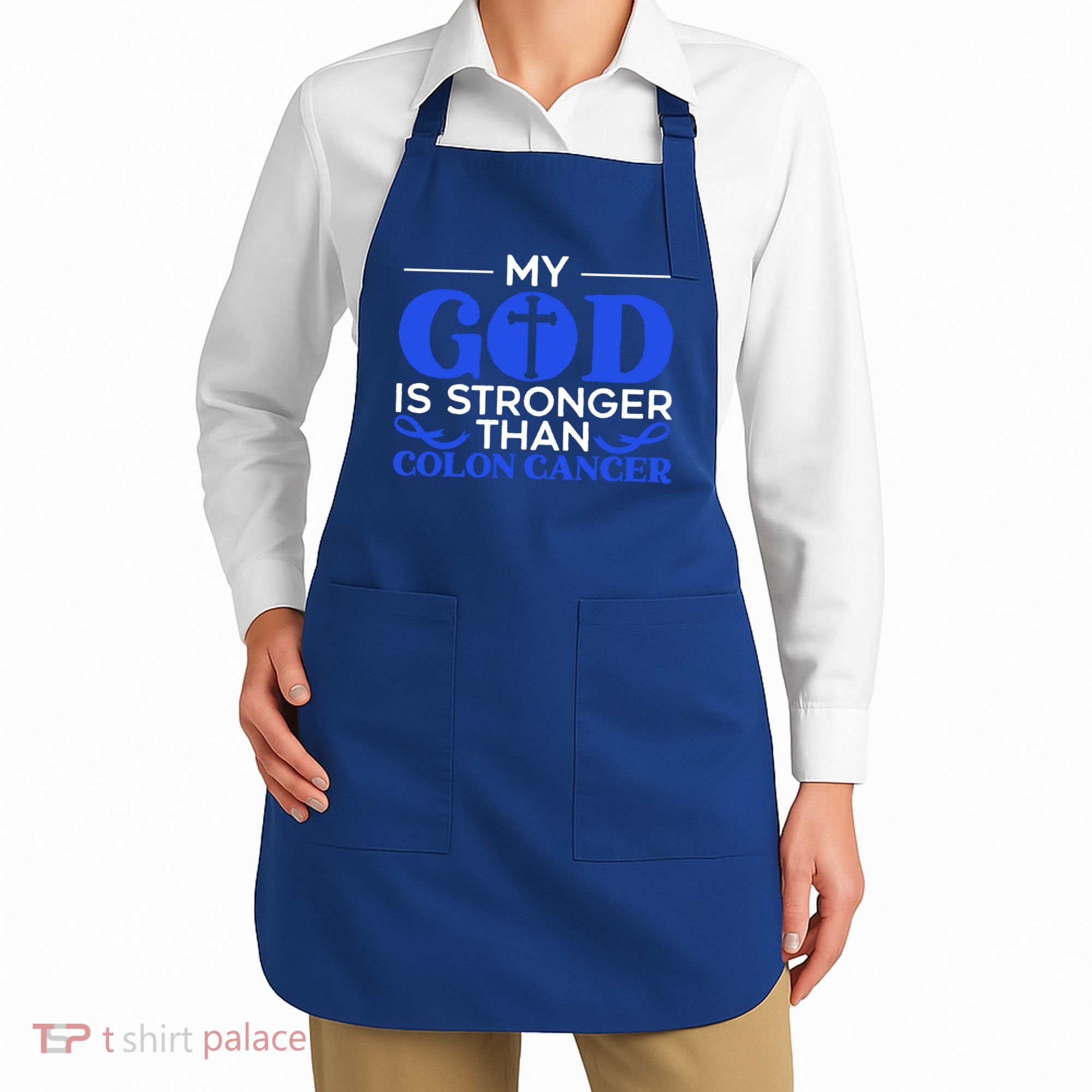 My God Is Stronger Than Colon Cancer Awareness Chrisitan Gift Apron