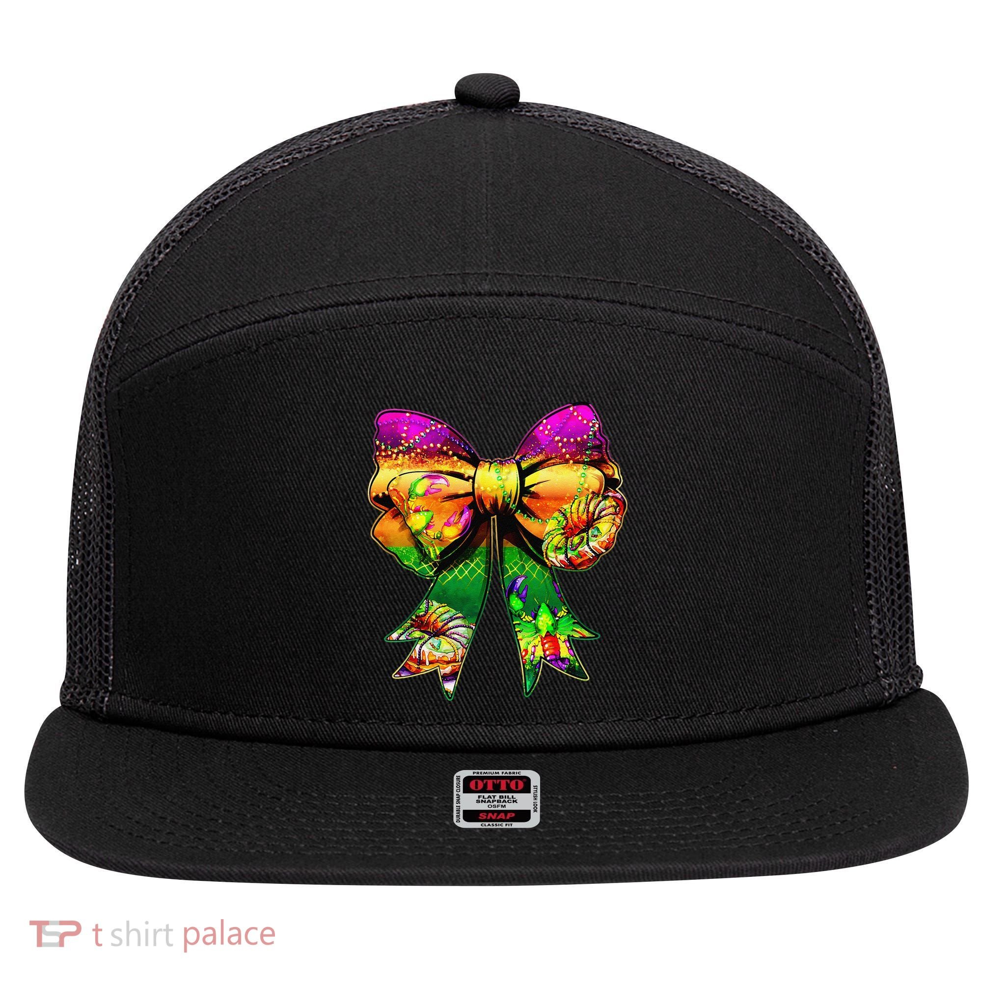 Mardi Gras King Cake Coquette Bow Crawfish Carnival 7 Panel Mesh Trucker Snapback Hat