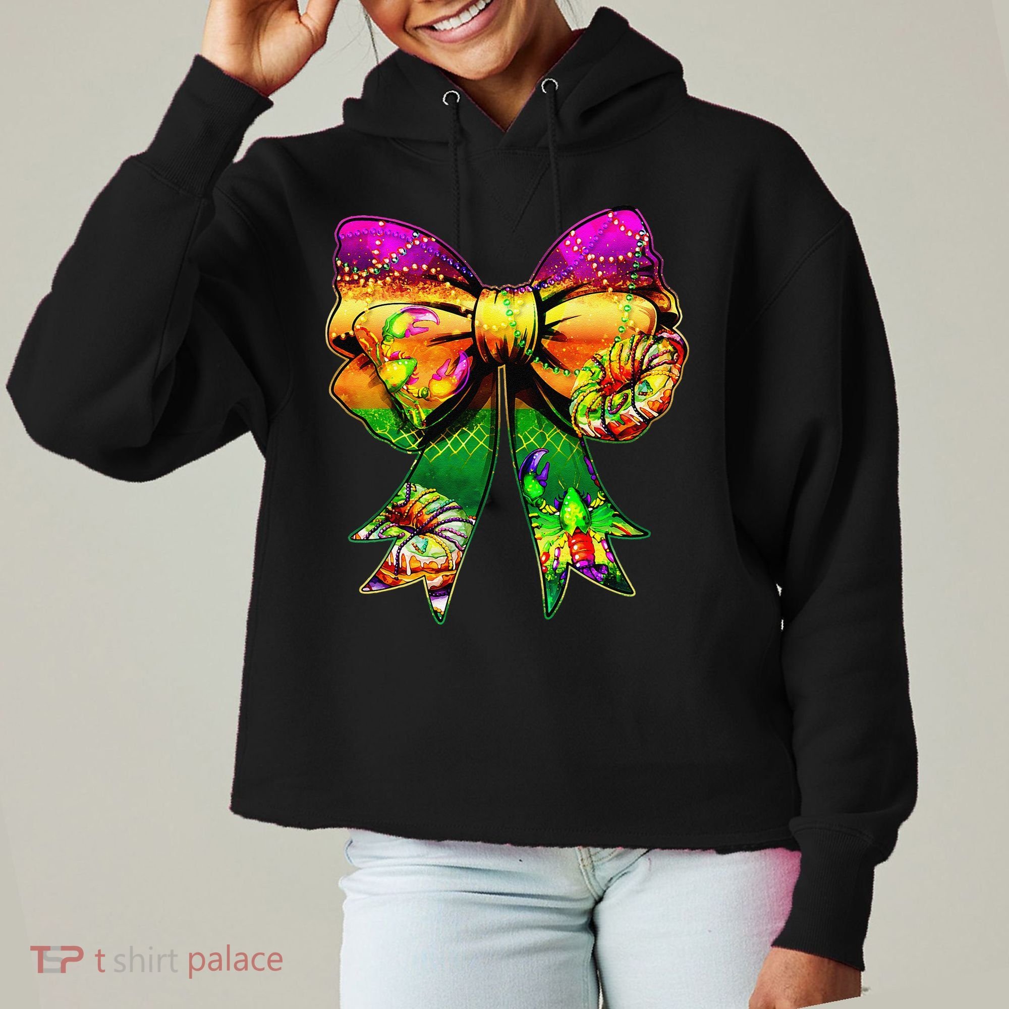 Mardi Gras King Cake Coquette Bow Crawfish Carnival Ladies Heavyweight Boxy Pullover Hoodie